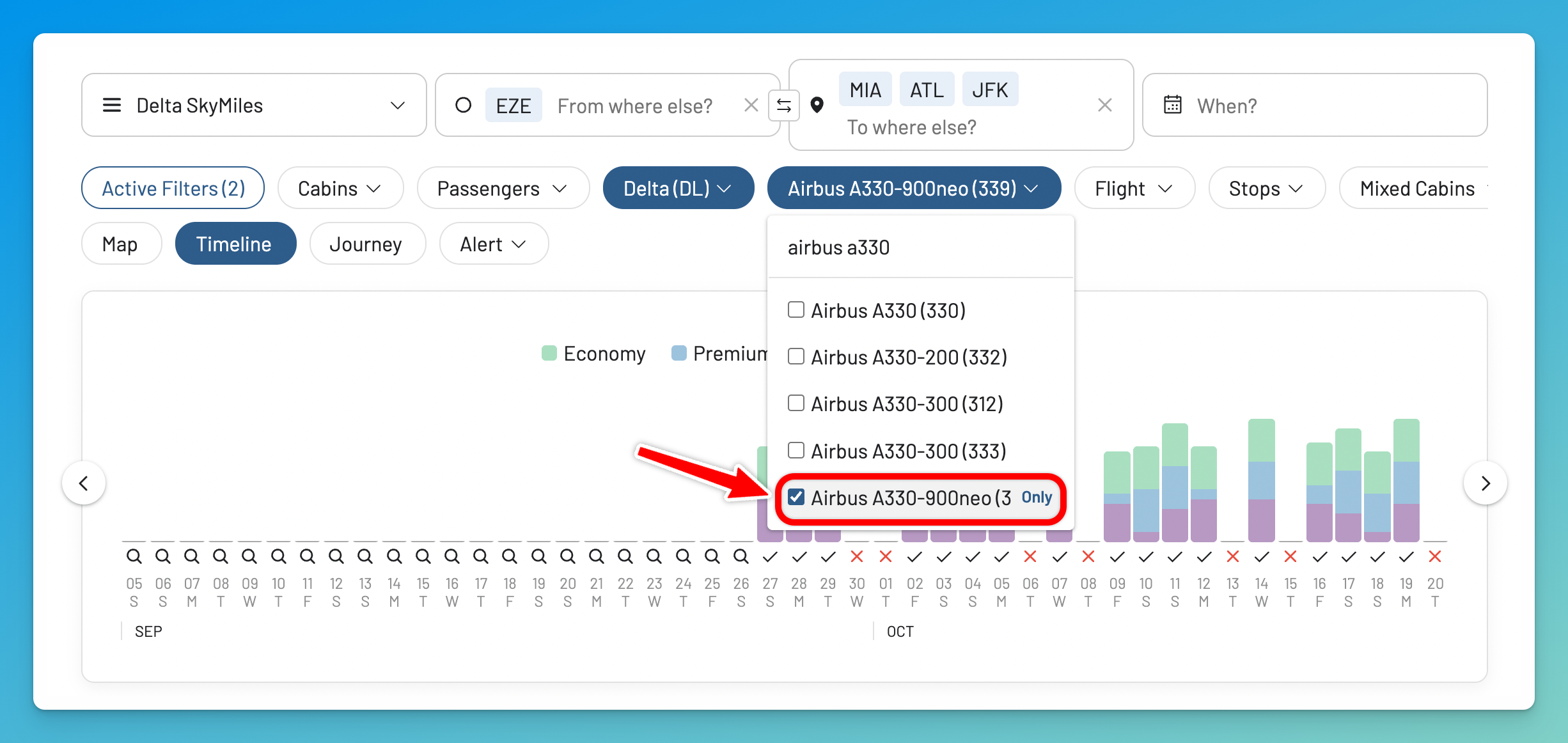 AwardFares Equipment filter with Delta and the Airbus A330-900neo selected for a SkyMiles search from Buenos Aires to Miami, Atlanta, and New York.