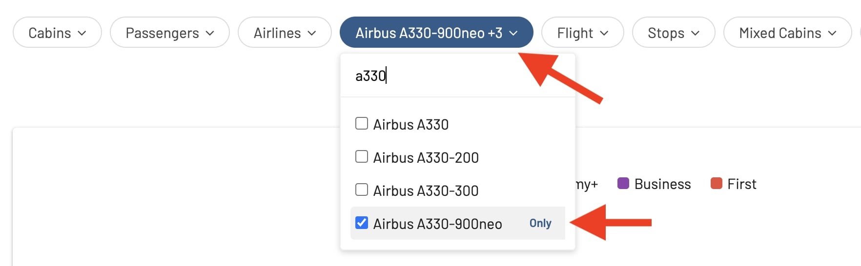 Filter by aircraft type using AwardFares.