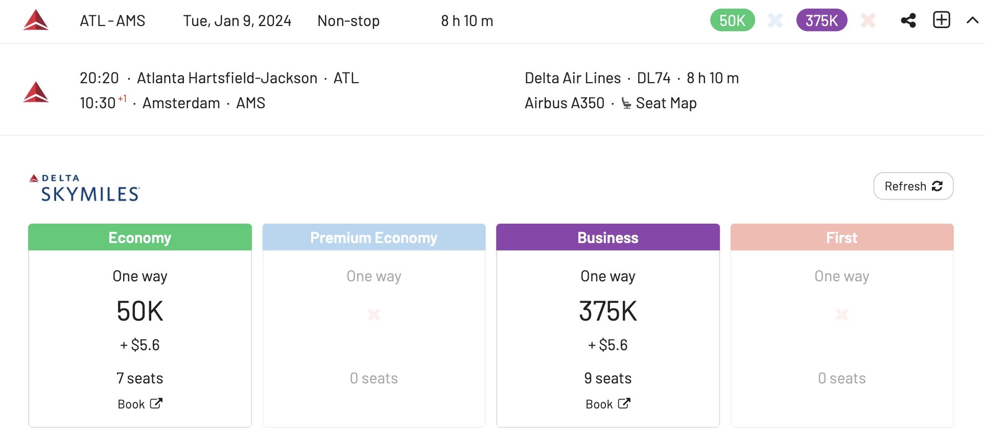 Atlanta to Amsterdam for 100k SkyMiles round trip.