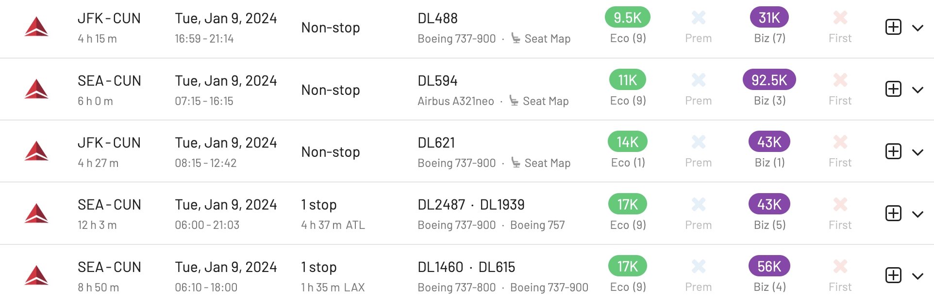 New York to Cancun for 19k SkyMiles round trip.