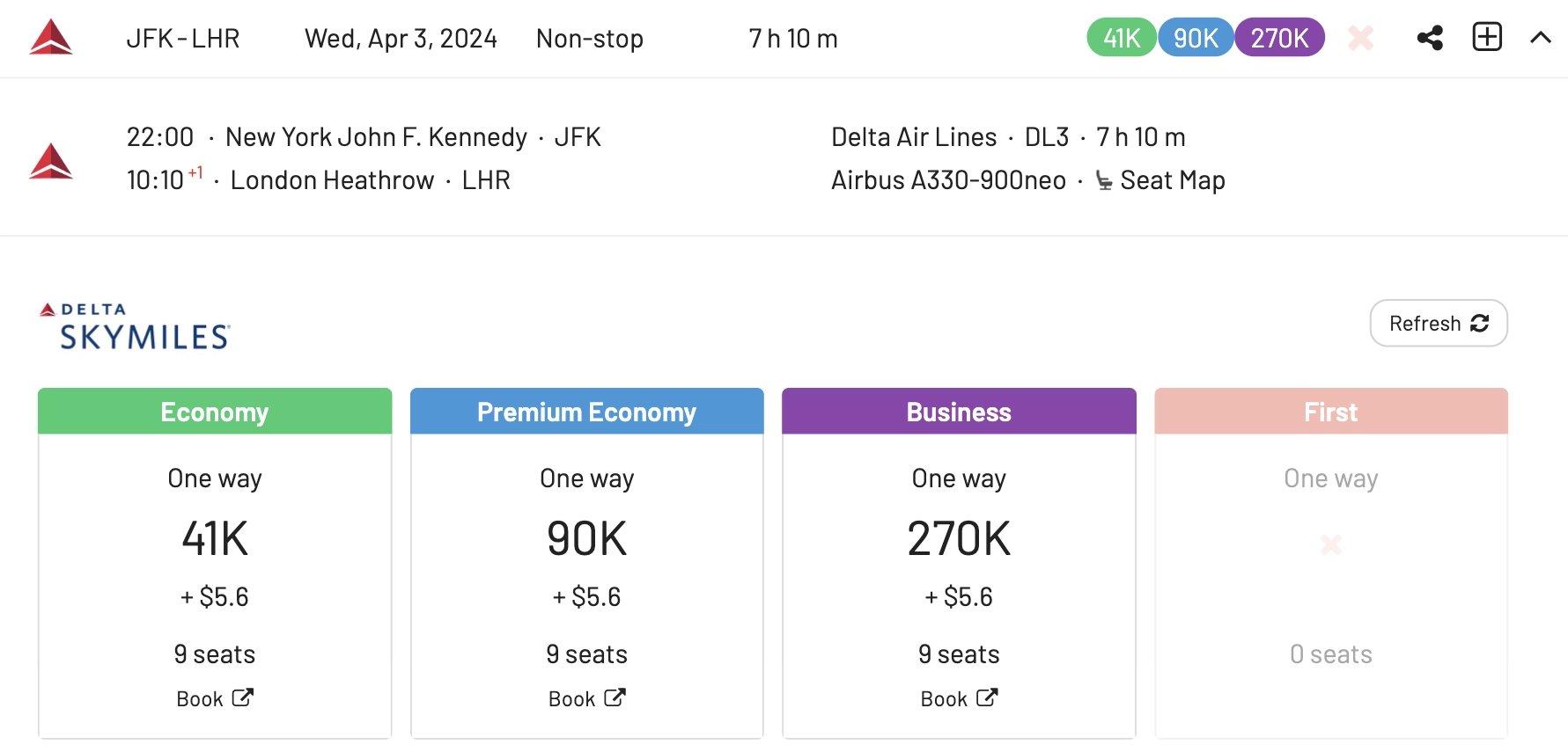 New York to London for 82k SkyMiles round trip on the A330-neo.