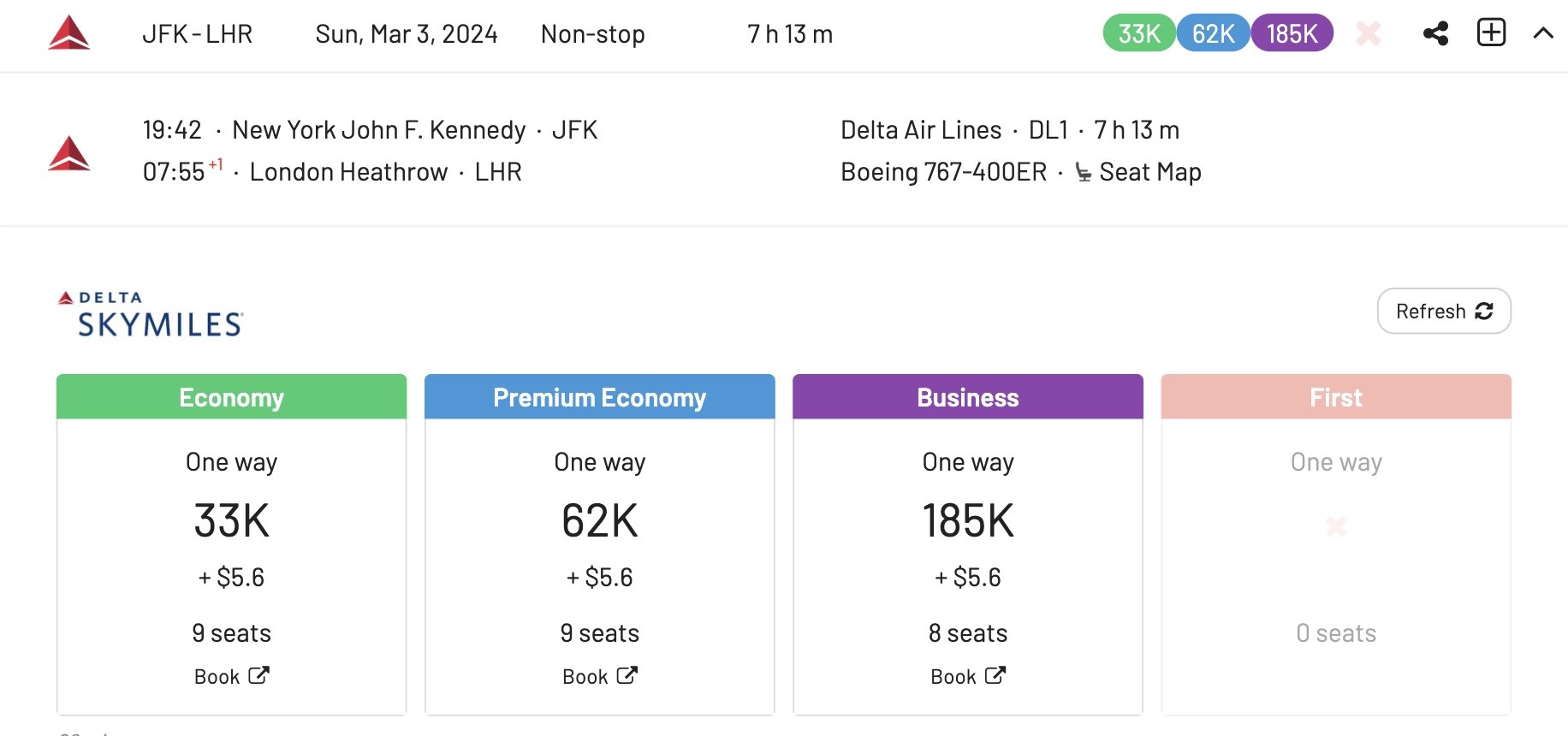 New York to London for 66k SkyMiles round trip.