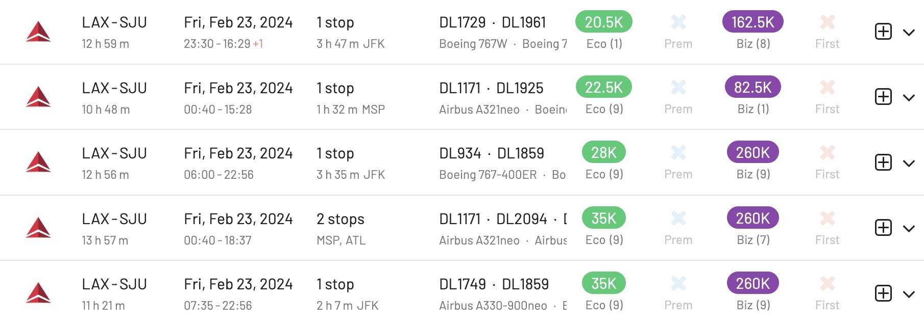 Los Angeles to San Juan Puerto Rico for 41k SkyMiles round trip.