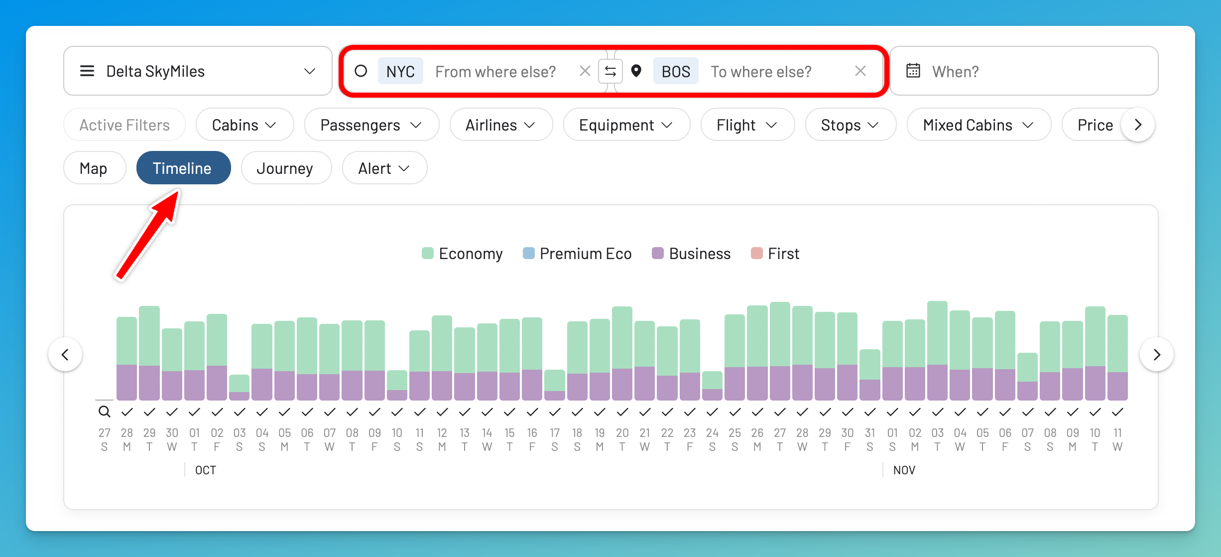 AwardFares Timeline View showing broad Delta SkyMiles Economy and Business availability from New York to Boston across October and November.