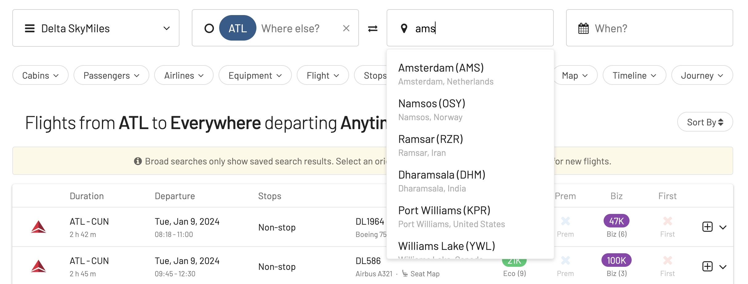 Enter a route like Atlanta to Amsterdam to find Delta award flights.