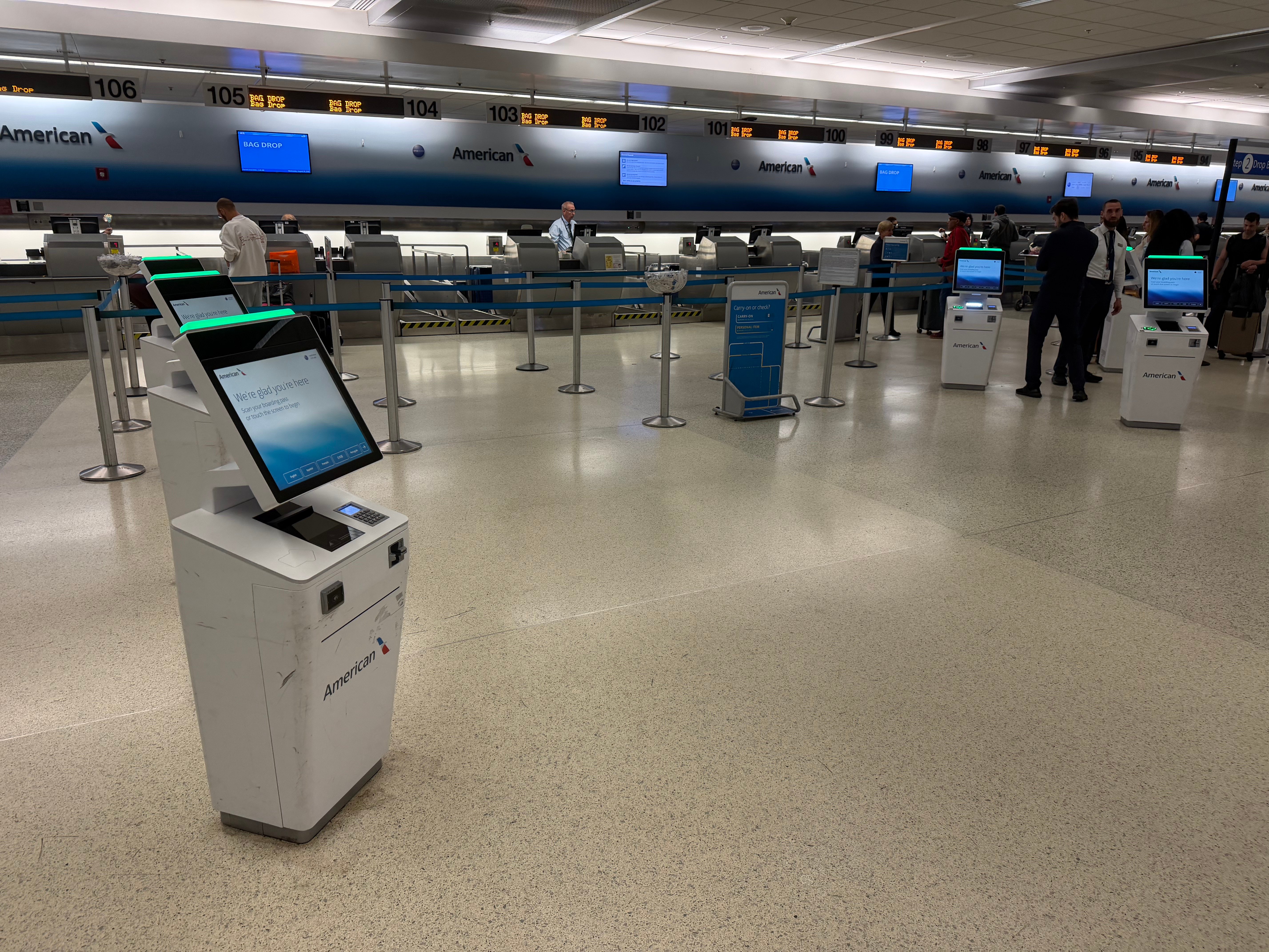 American Airlines check in area and self service machines at Miami airport.