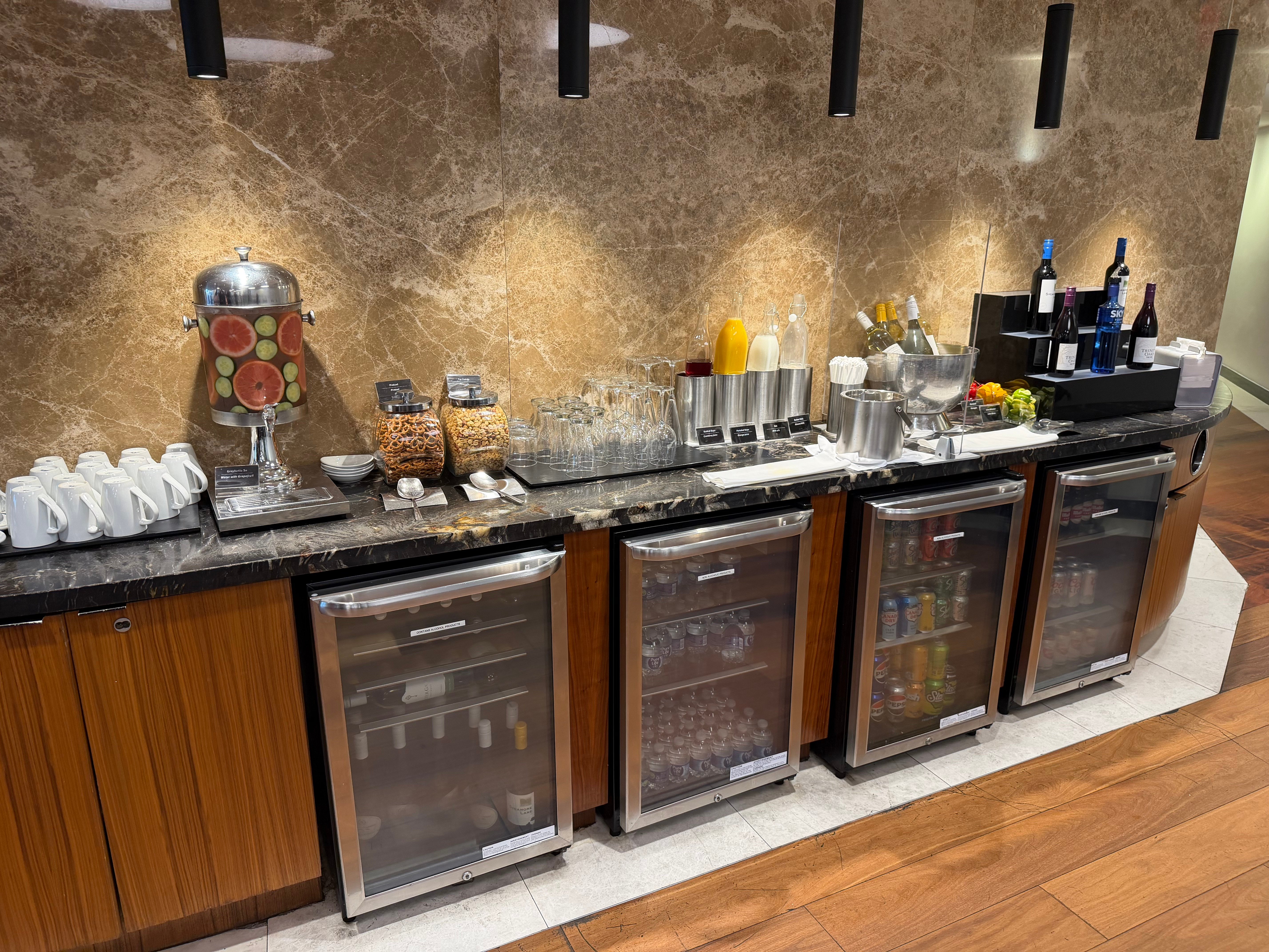 Coffee and drinks station inside the Turkish Airlines Lounge in Miami.