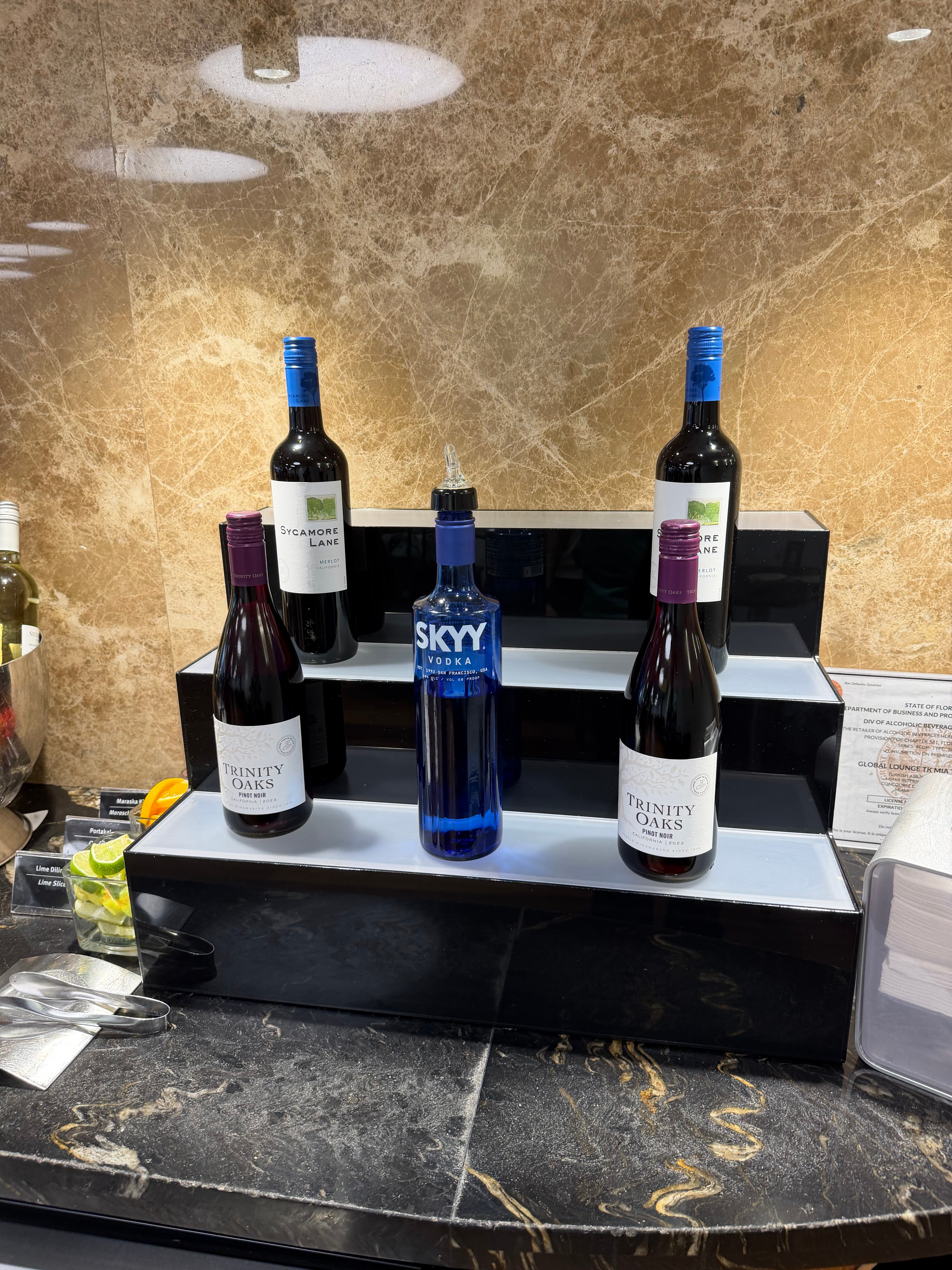 Wine bottles available in the Turkish Airlines Lounge in Miami.
