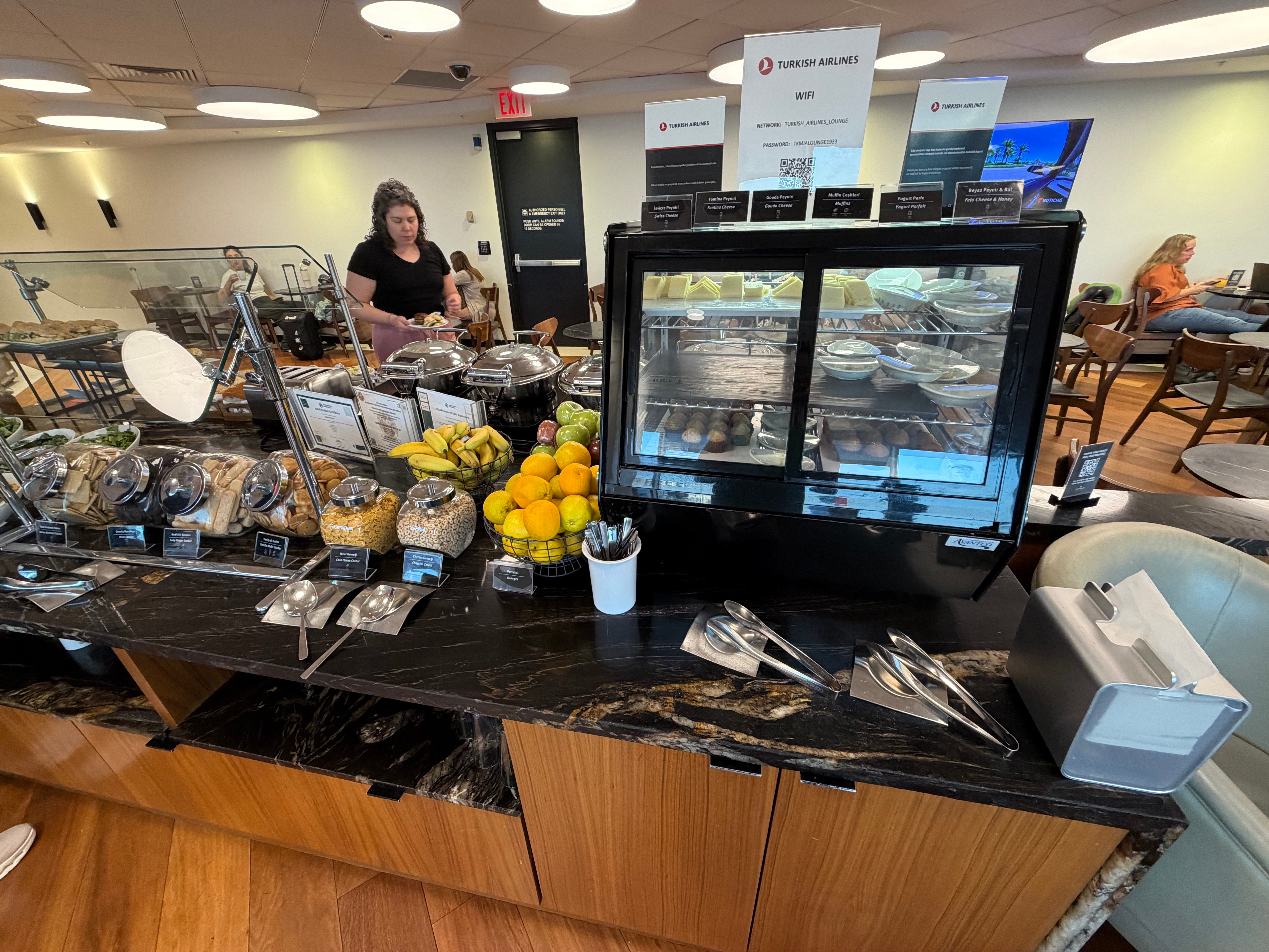 Cold food and fruit selection at the Turkish Airlines Lounge buffet.