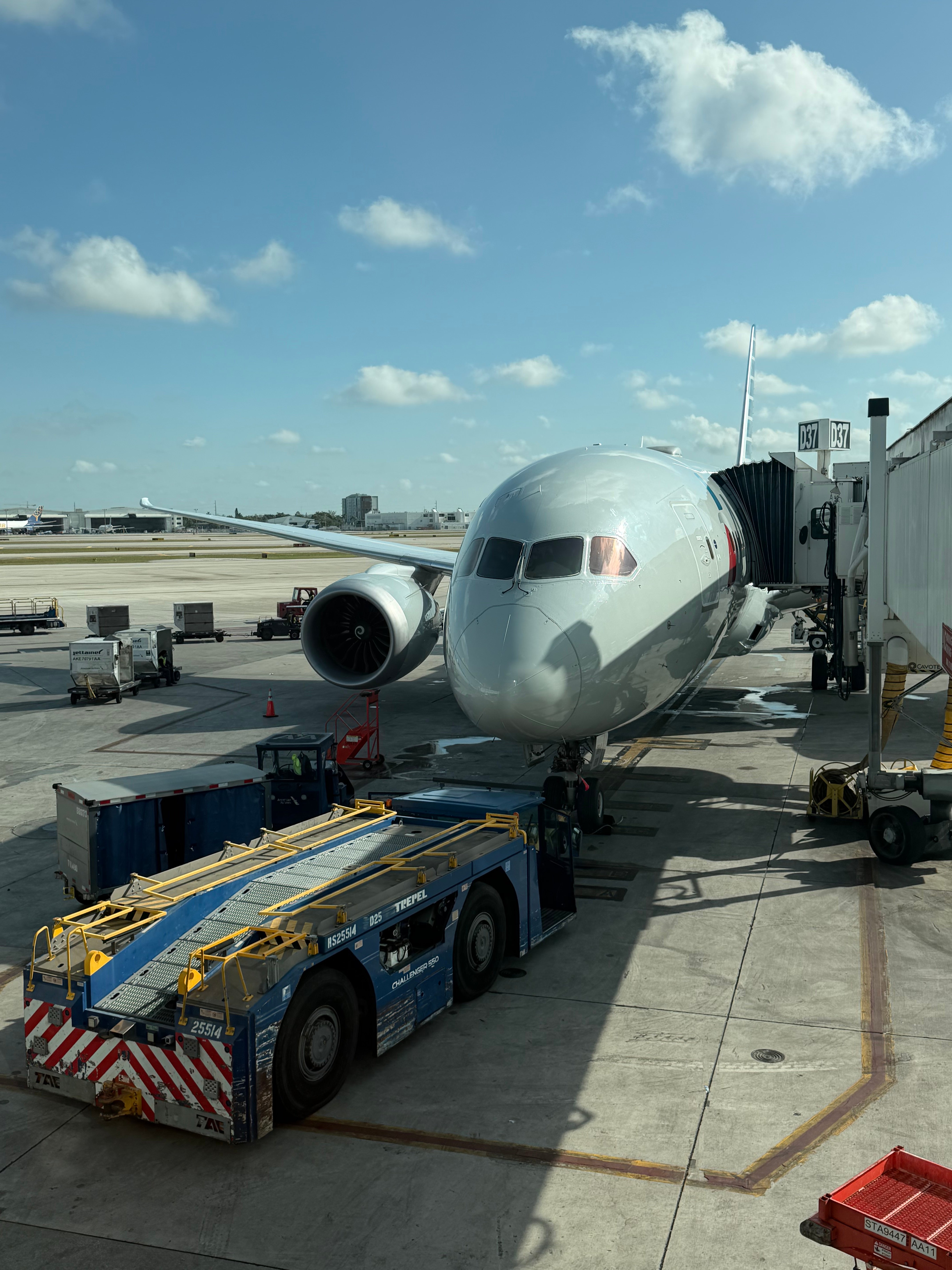 Nose of the American Airlines Boeing 787-8 at the gate in Miami.