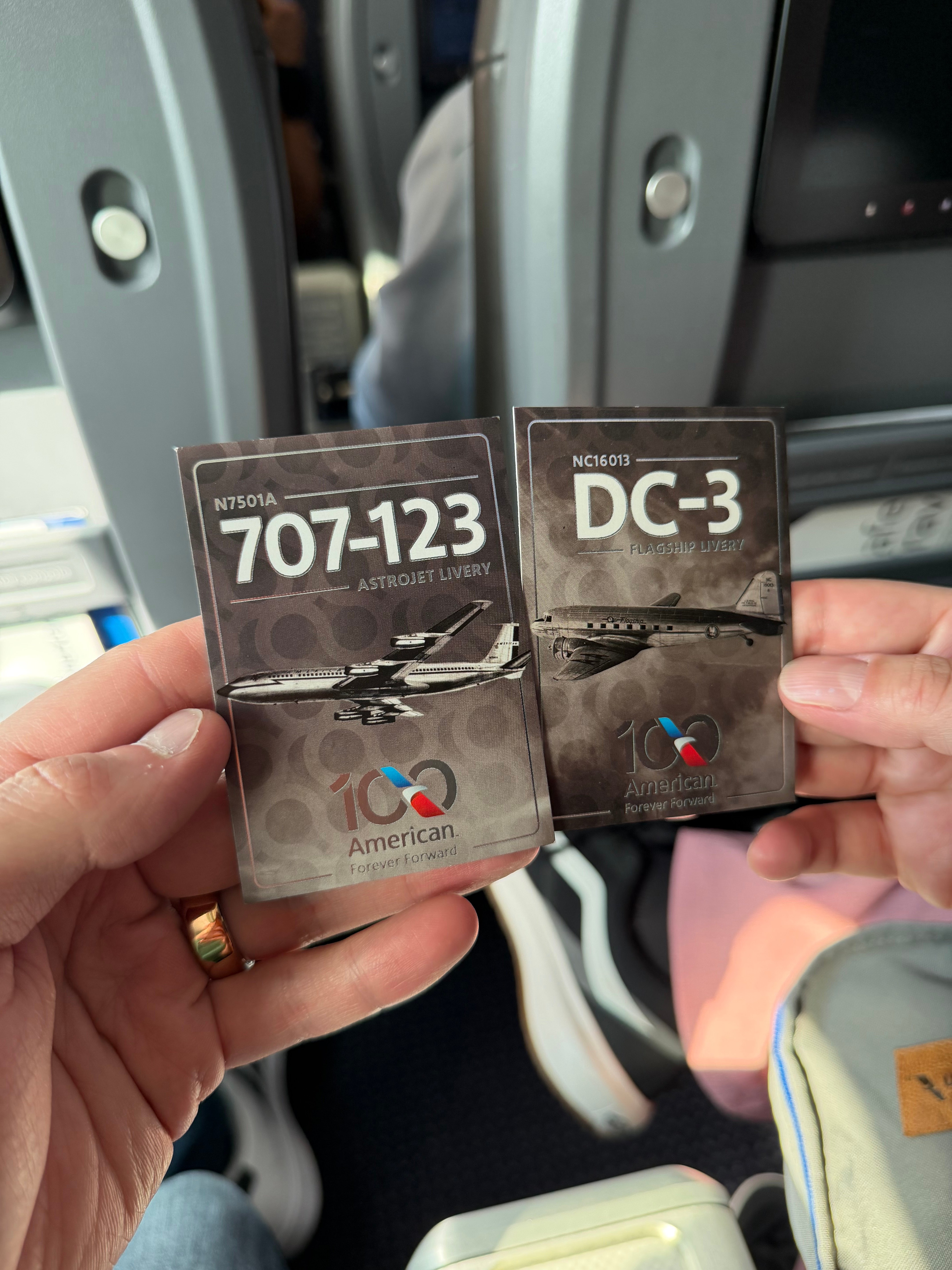 American Airlines Centennial Boeing 707-123 and DC-3 trading cards.