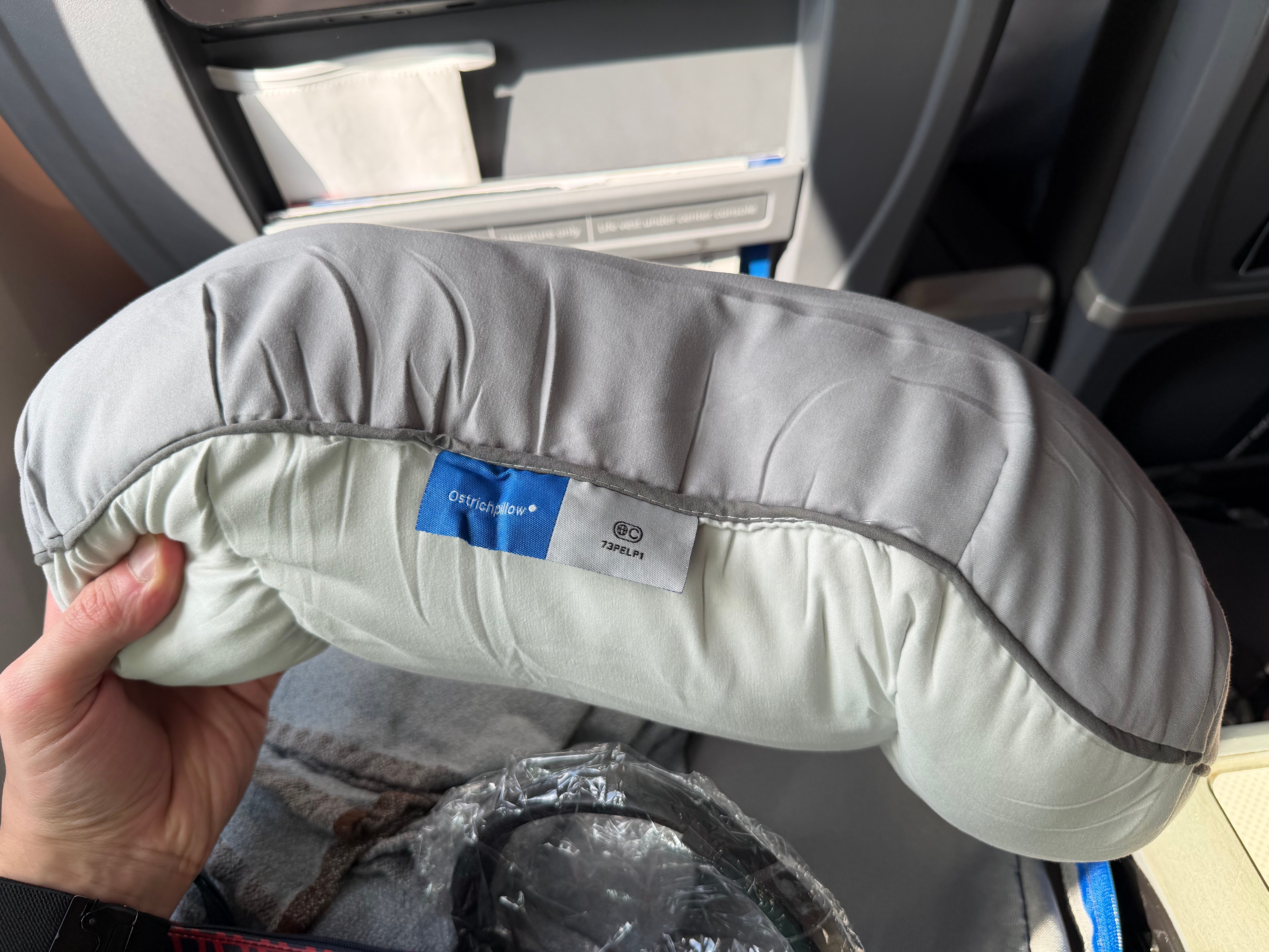 Thick gray pillow provided in American Airlines Main Cabin Extra.
