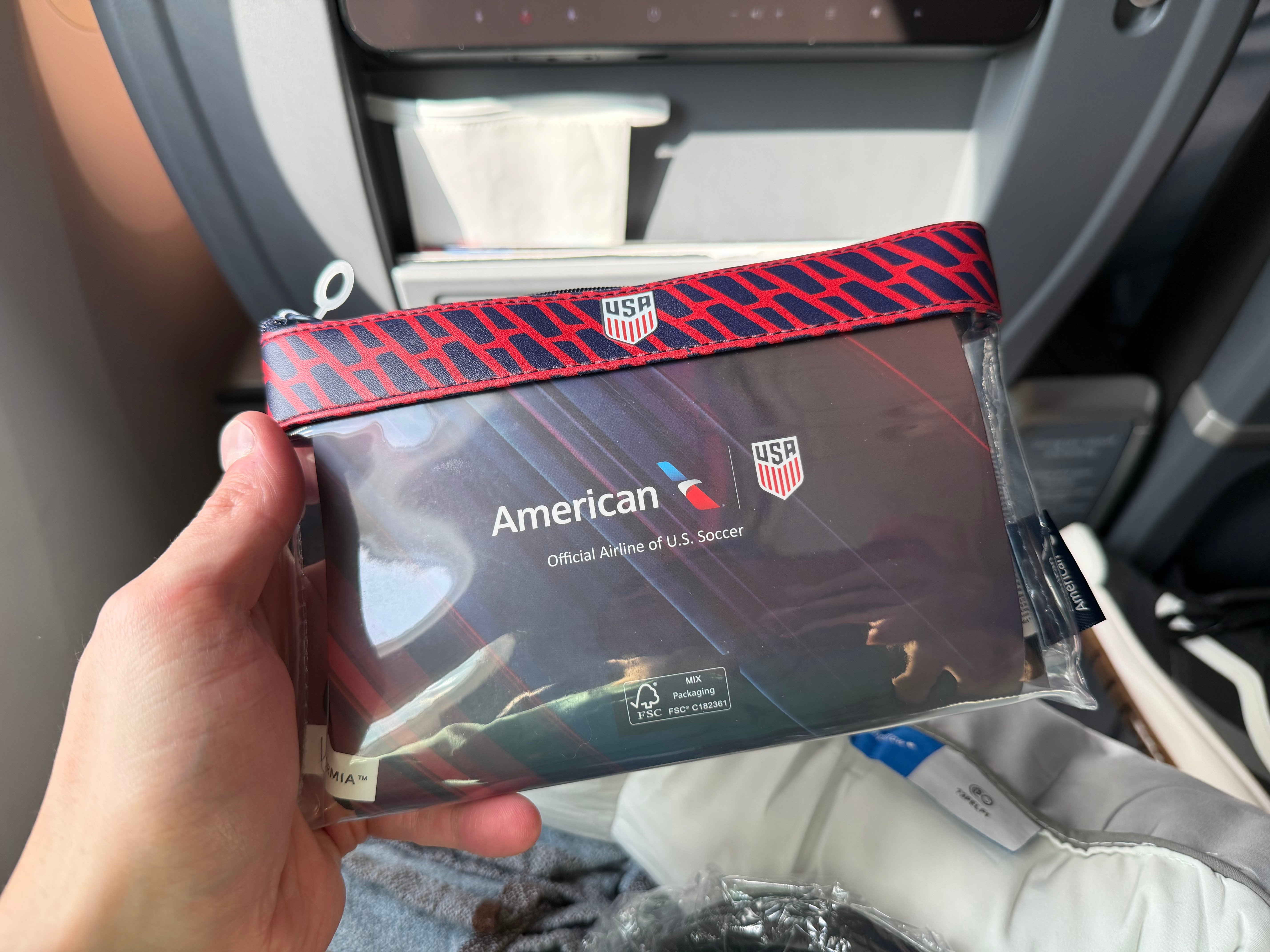 American Airlines U.S. Soccer amenity kit bag.