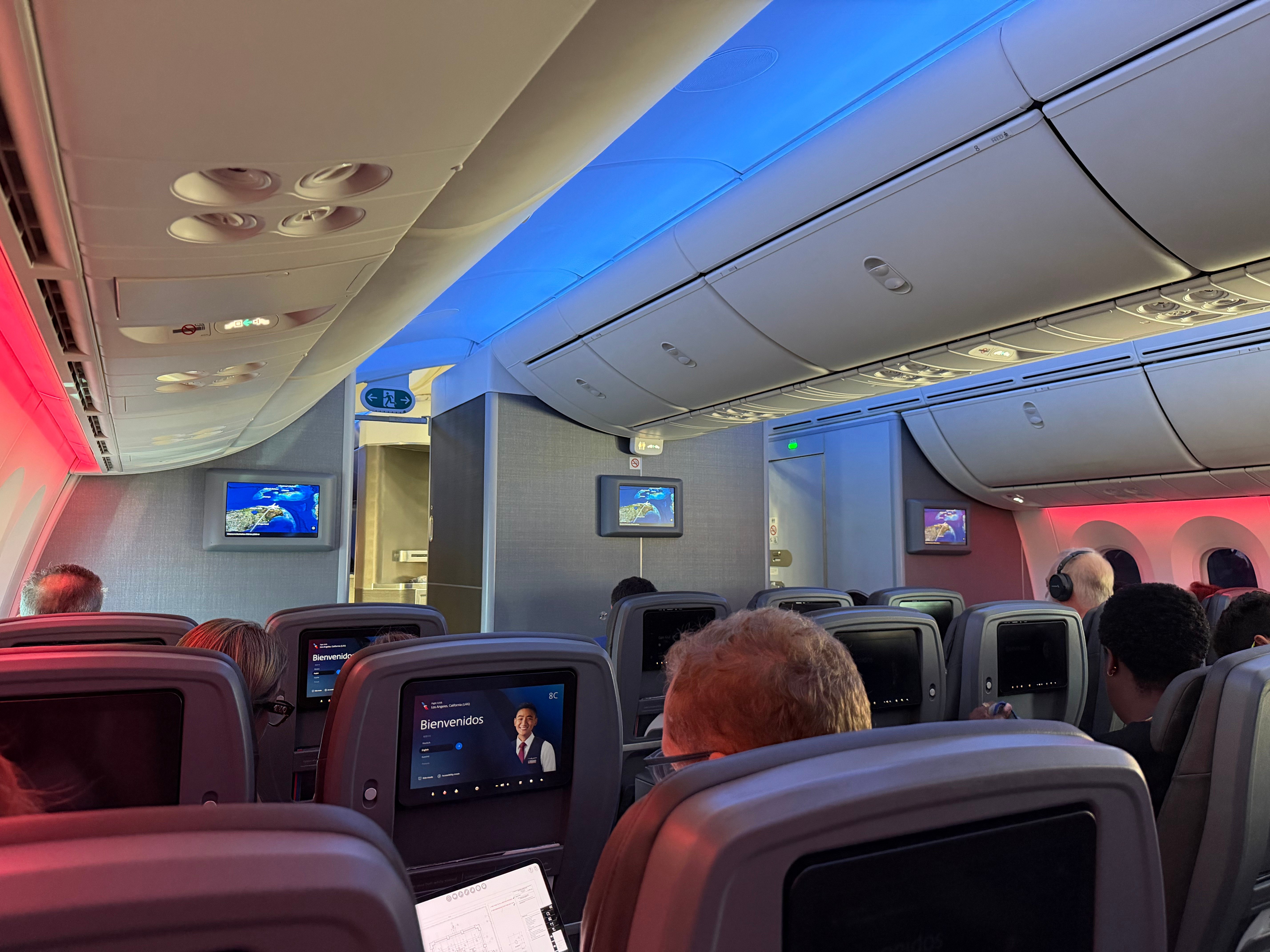 American Airlines 787-8 Main Cabin Extra cabin during boarding.
