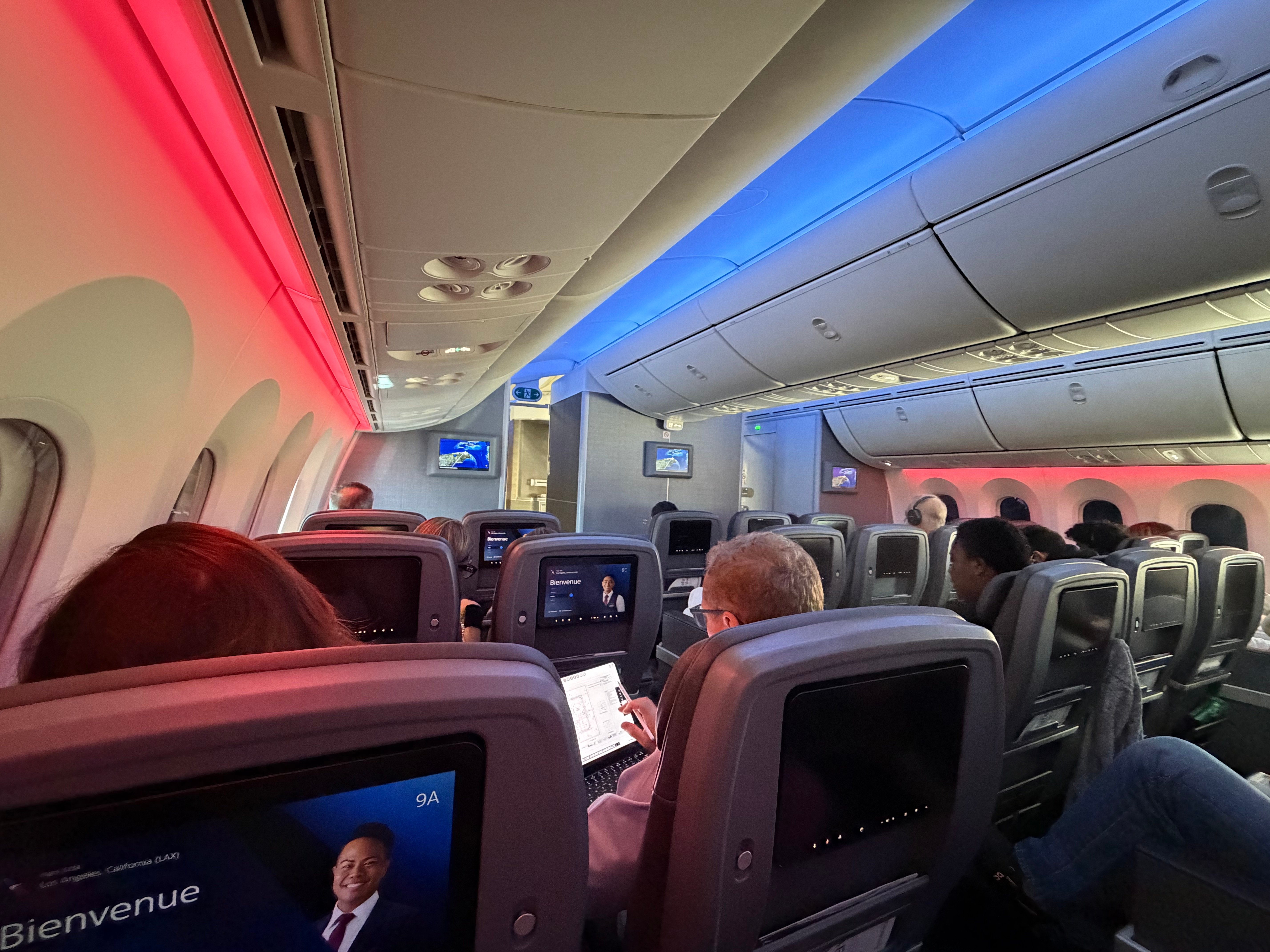 Wide view of the 2 3 2 Main Cabin Extra cabin on the American 787-8.