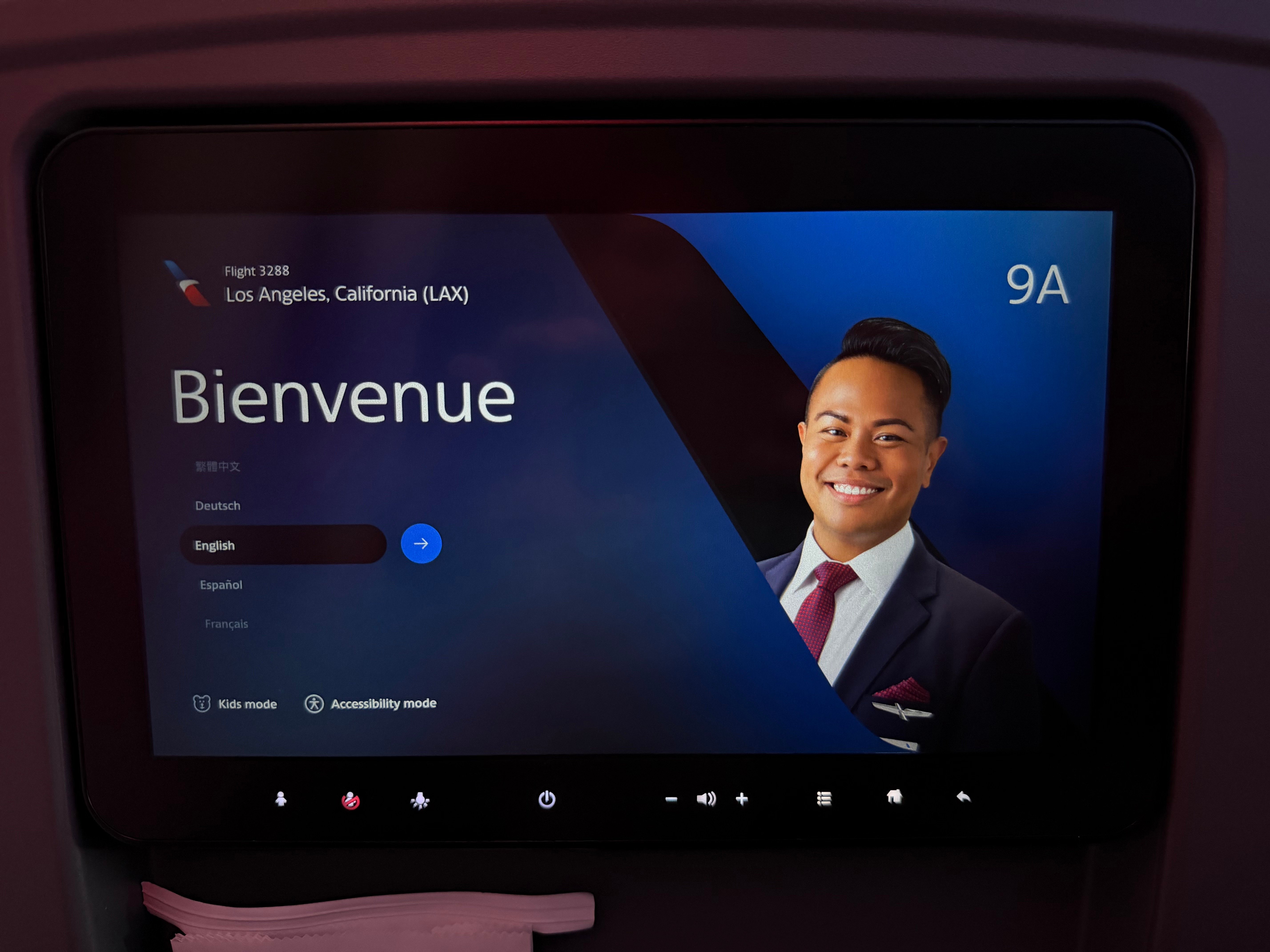 American Airlines entertainment system welcome screen at seat 9A.