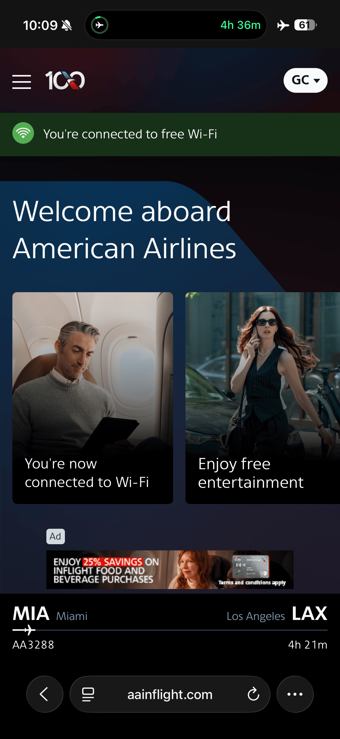 American Airlines inflight portal confirming free WiFi on flight AA3288 from Miami to Los Angeles.