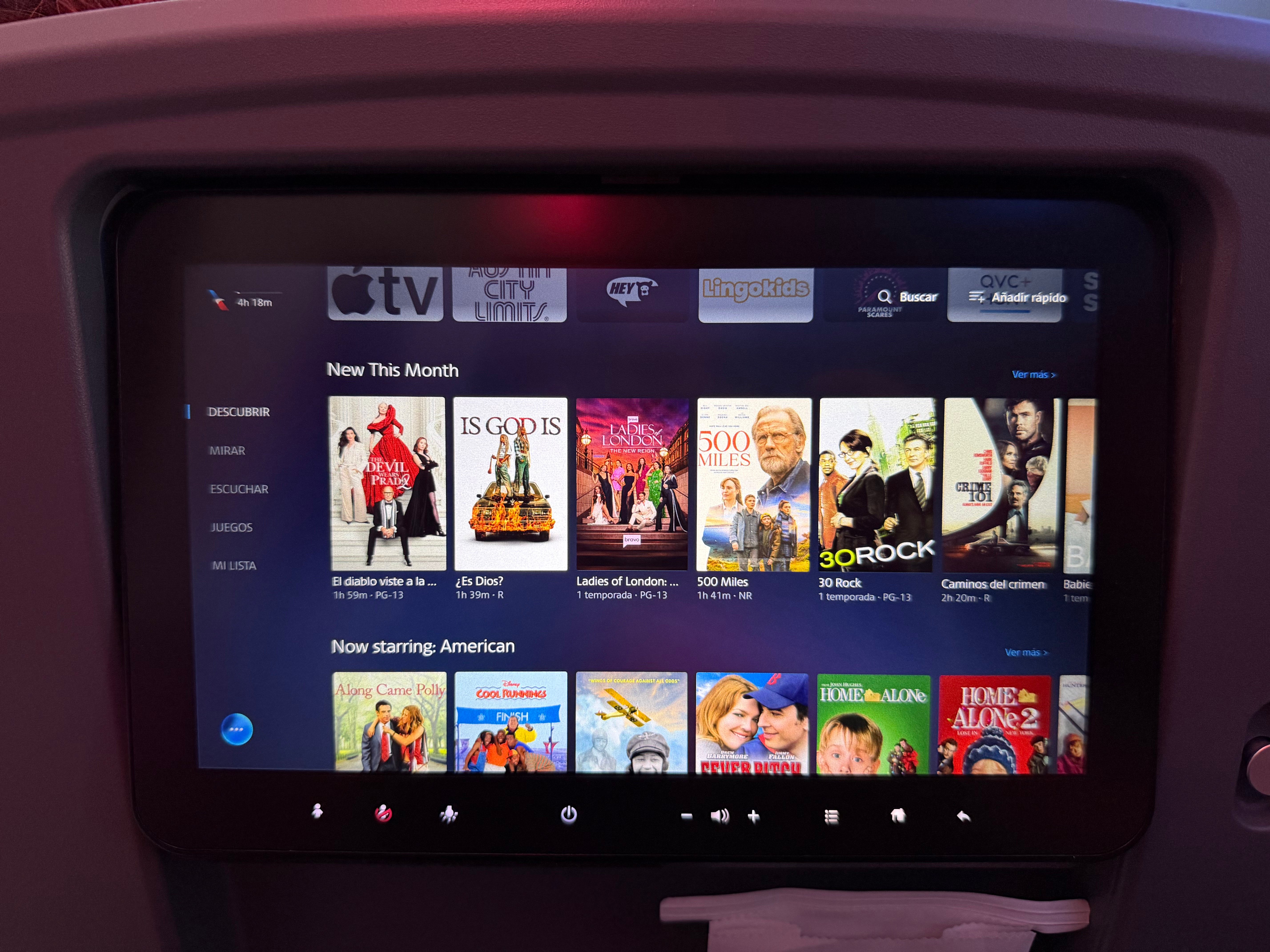 Entertainment selection on the American Airlines 787-8 seatback screen.