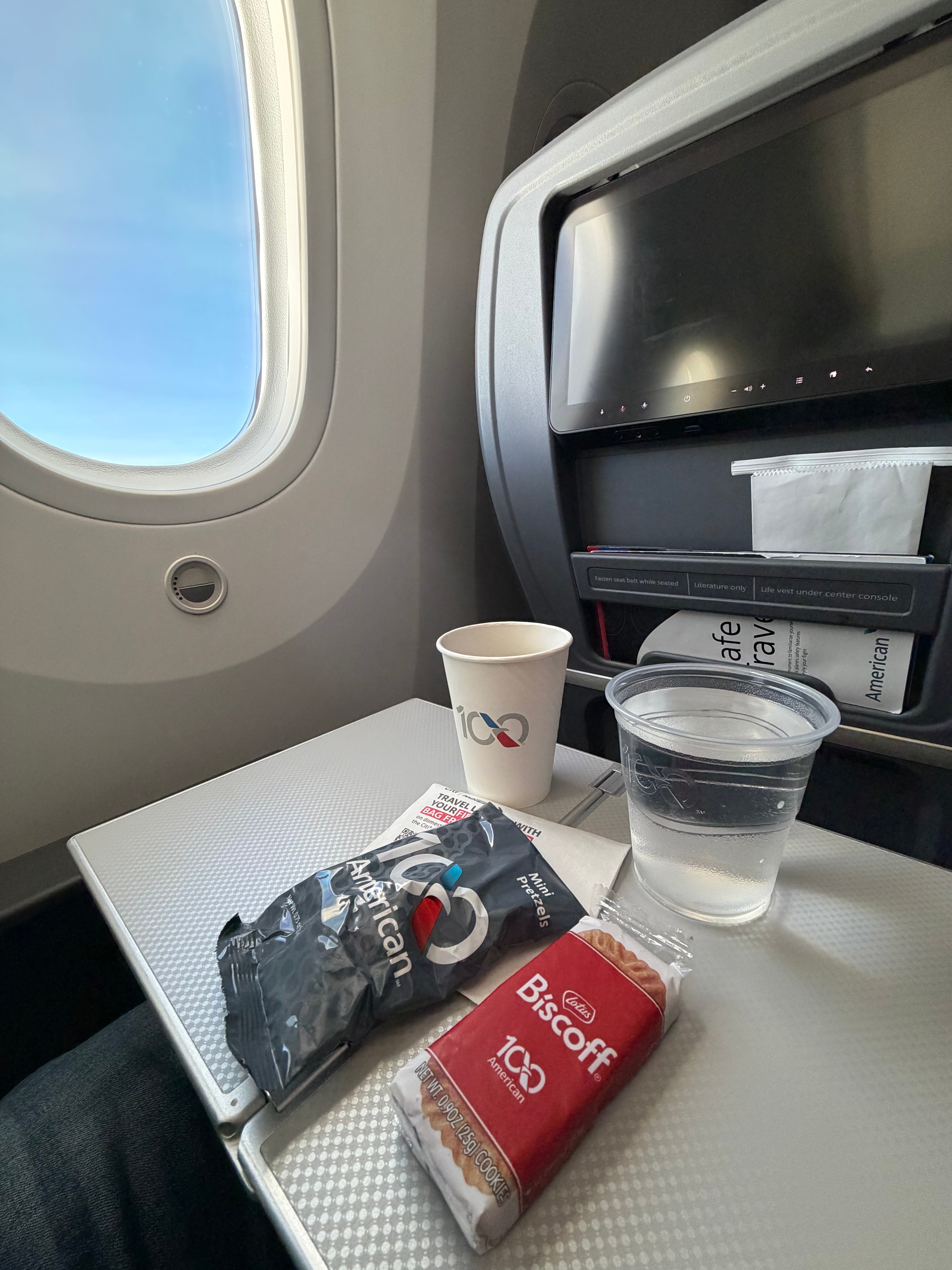 Snack and drink service at a Main Cabin Extra window seat on the American 787-8.