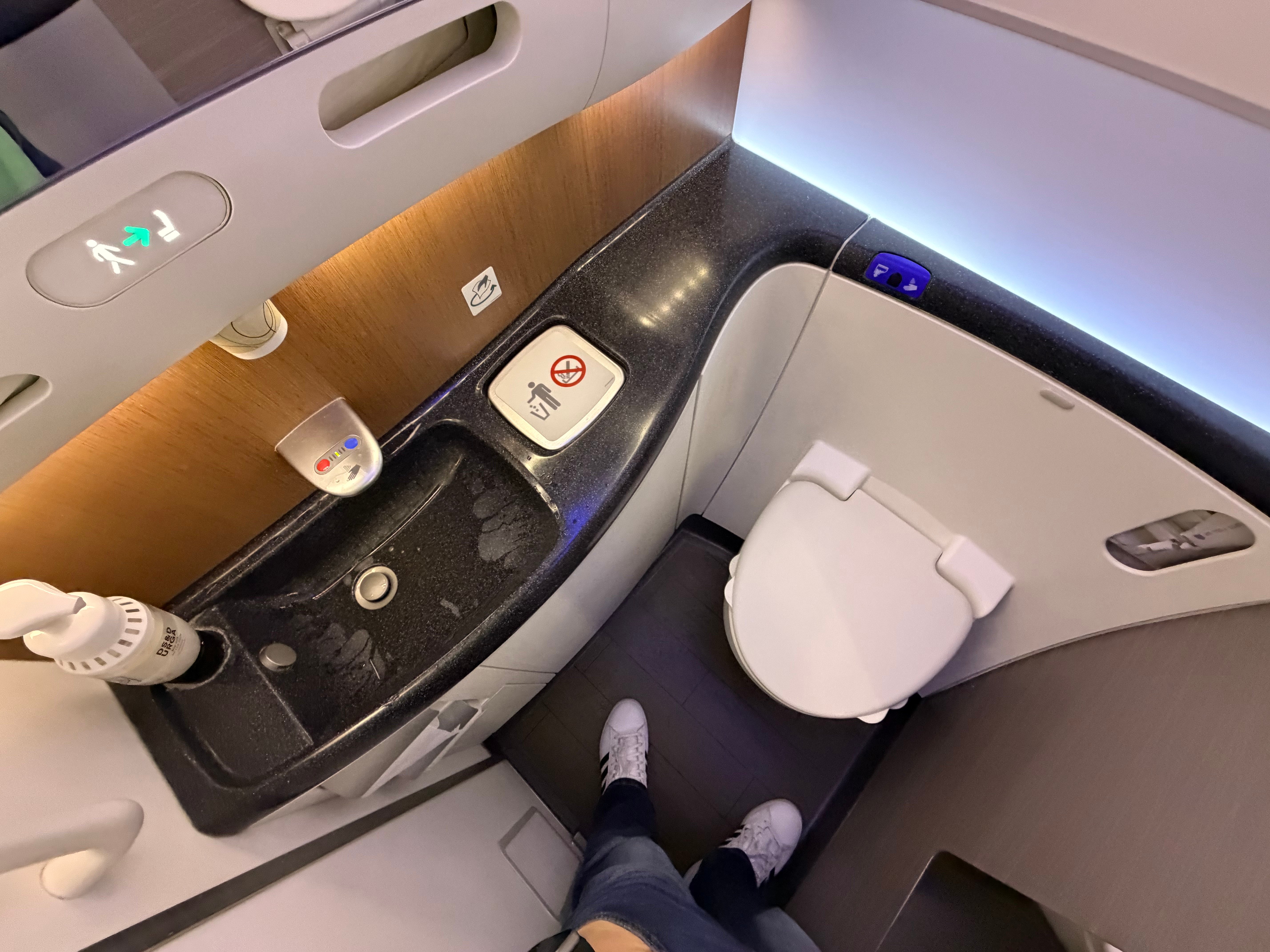 Sink and mirror inside the American Airlines Boeing 787-8 lavatory.