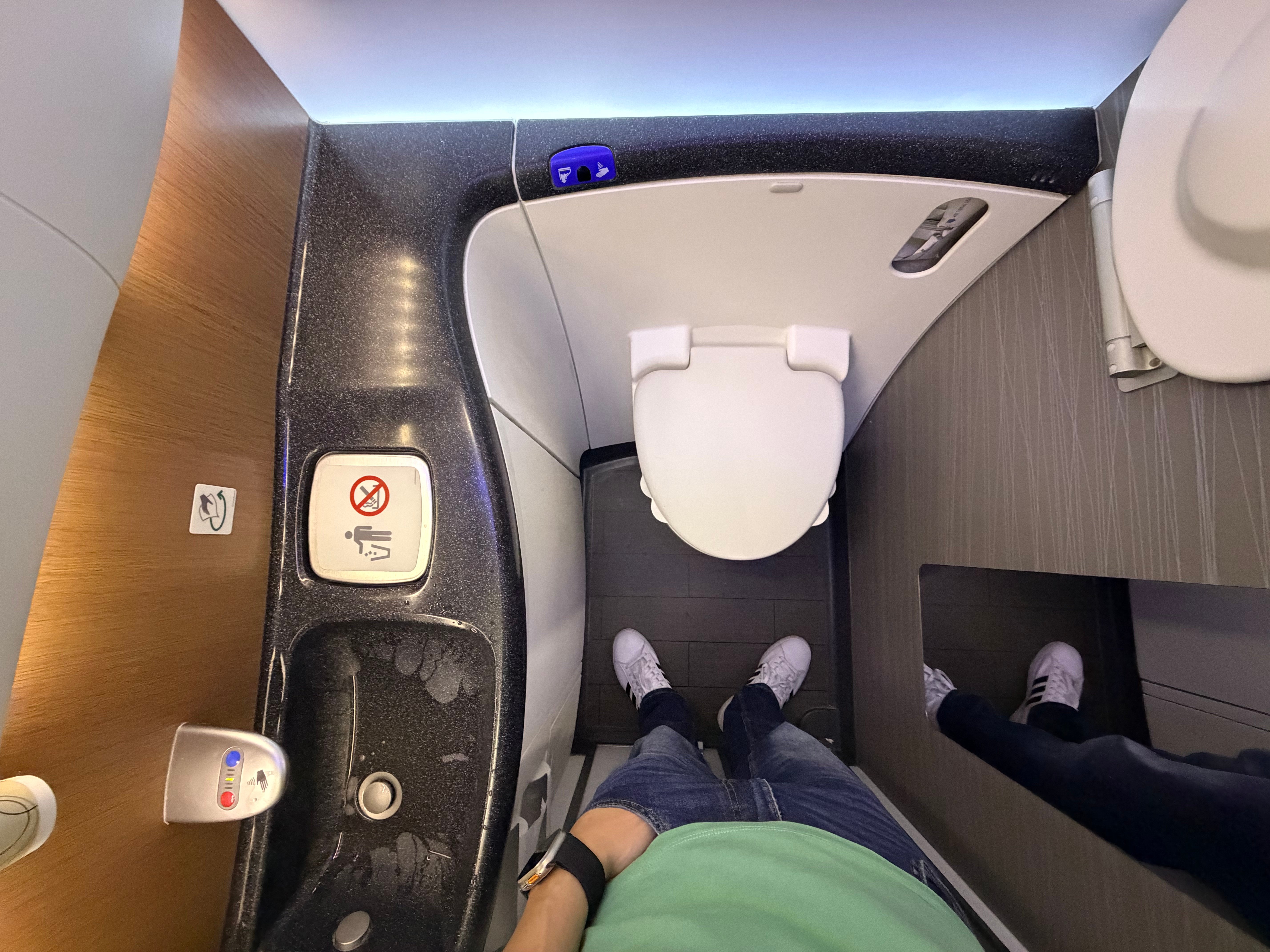 Interior of the lavatory near the Main Cabin Extra cabin on the American 787-8.