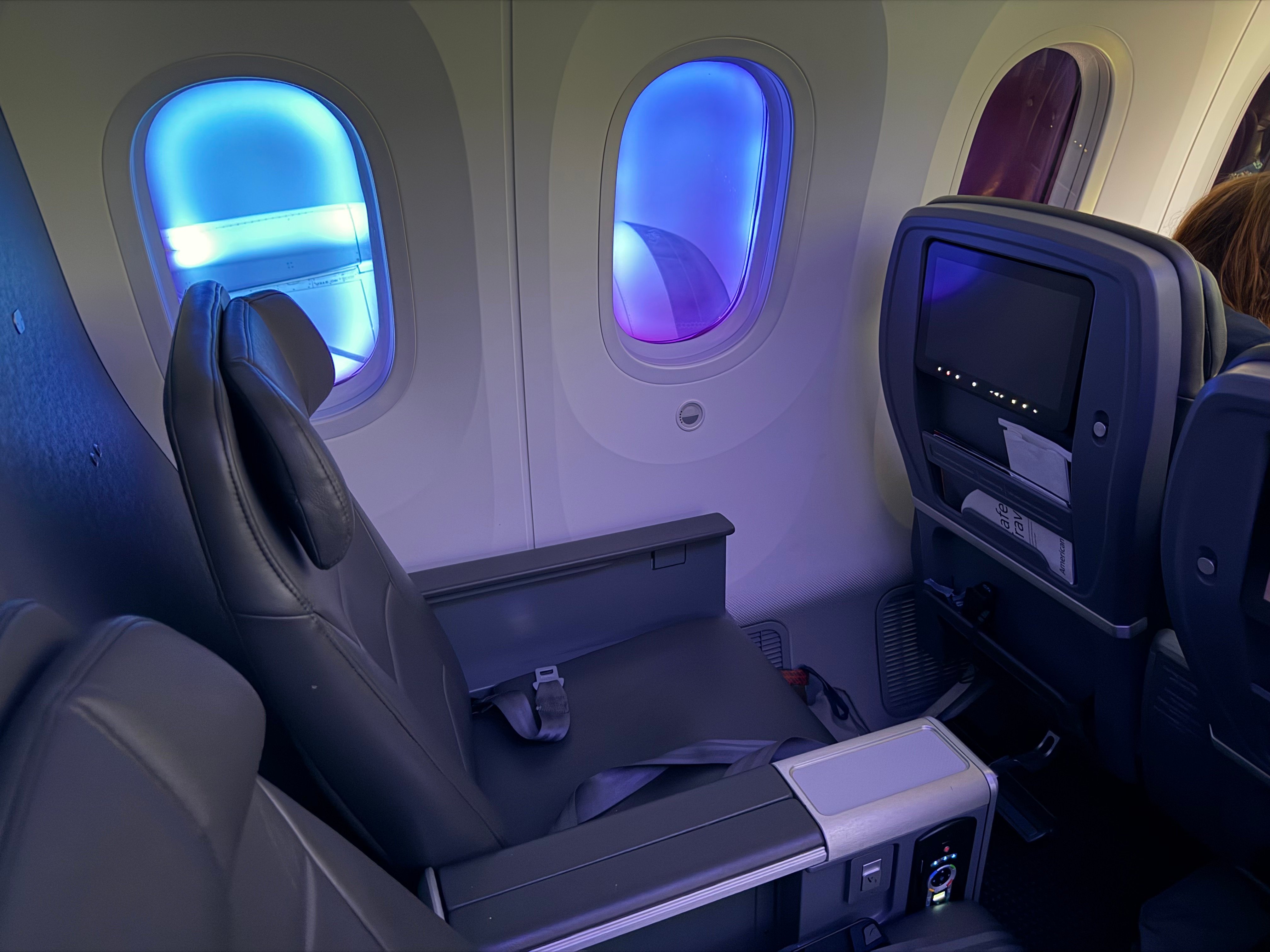 Empty Main Cabin Extra seats on the American Airlines 787-8.