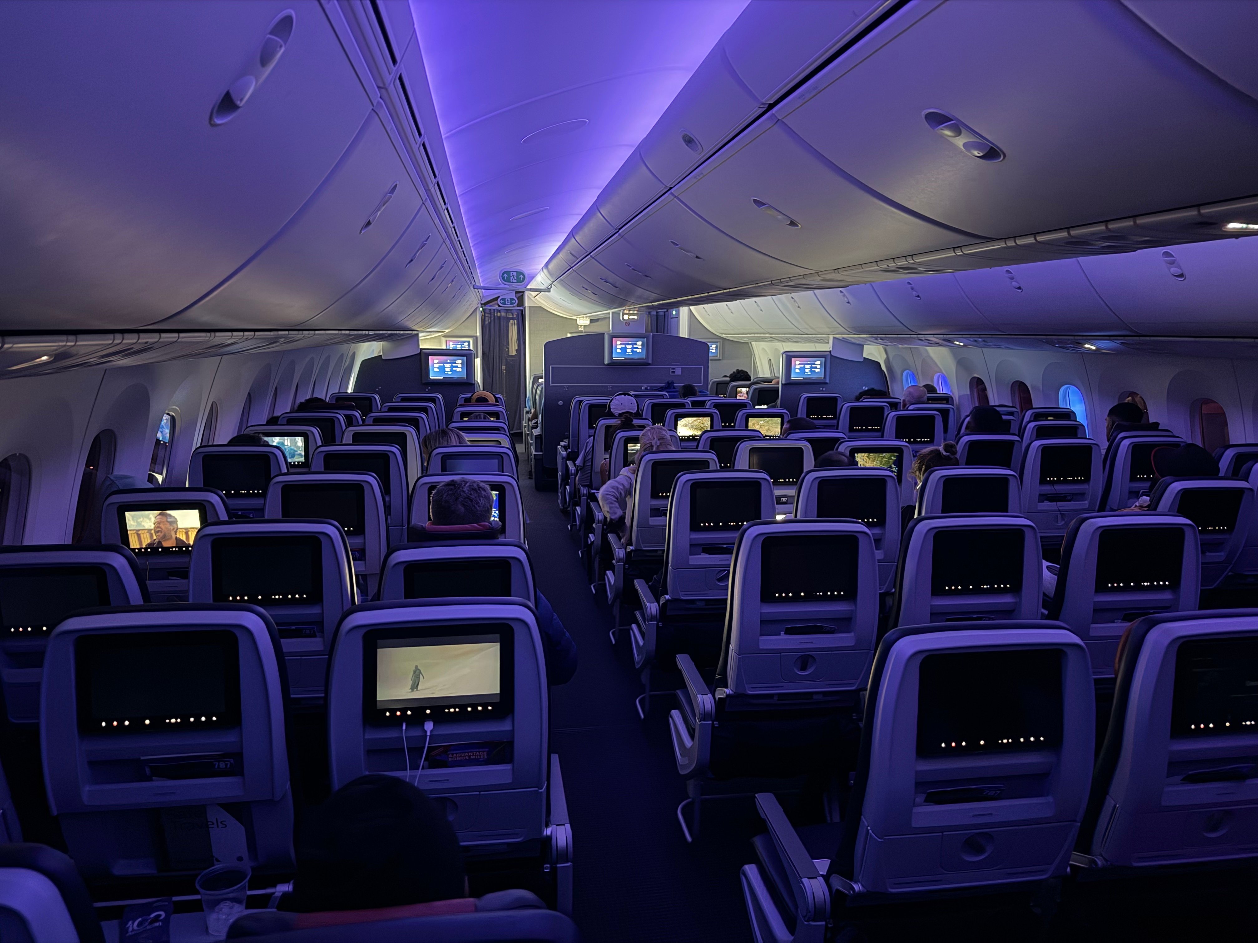 American Airlines Boeing 787-8 Economy cabin during the flight.