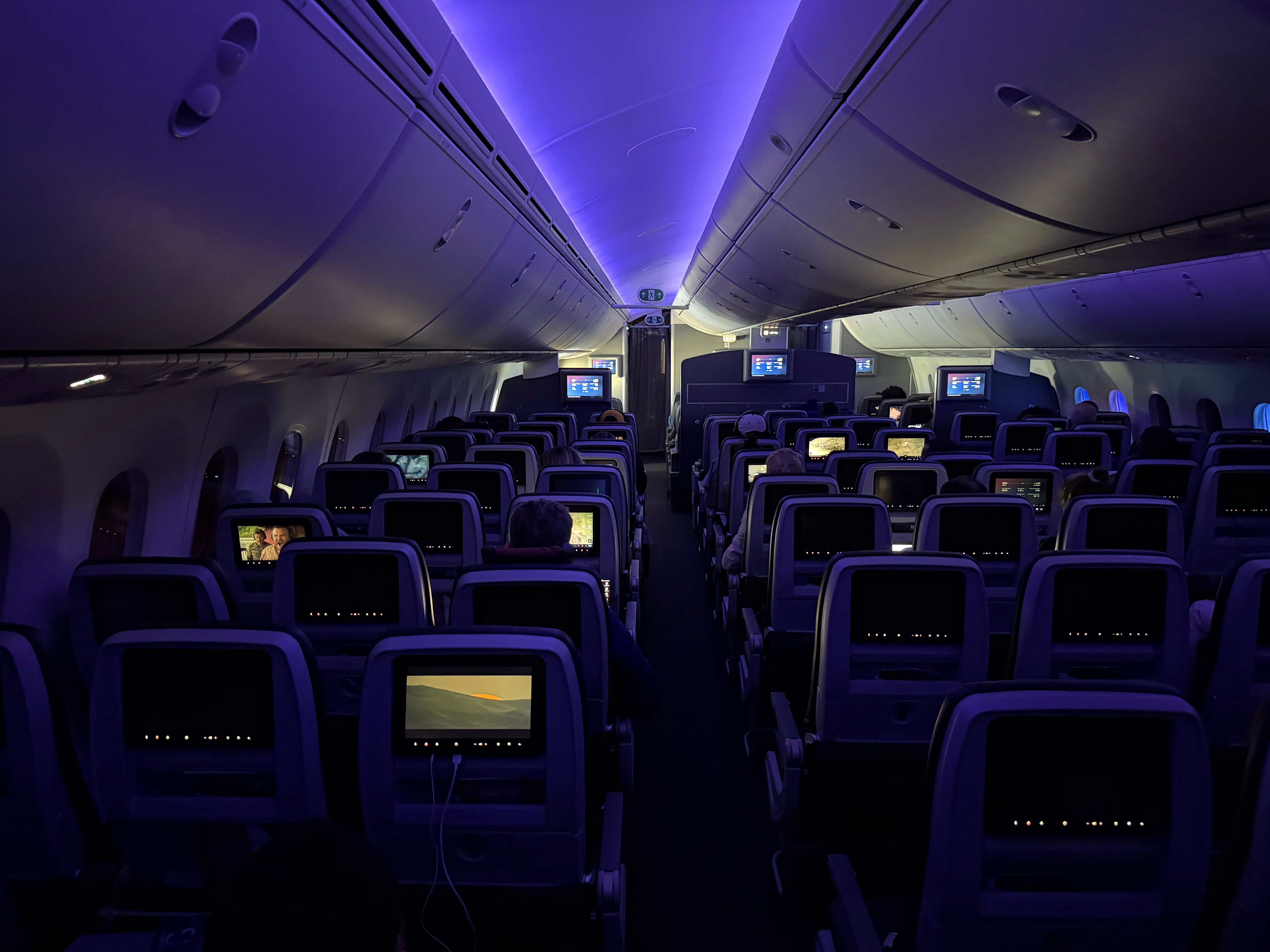 Rows of empty seats in the American Airlines 787-8 Economy cabin.