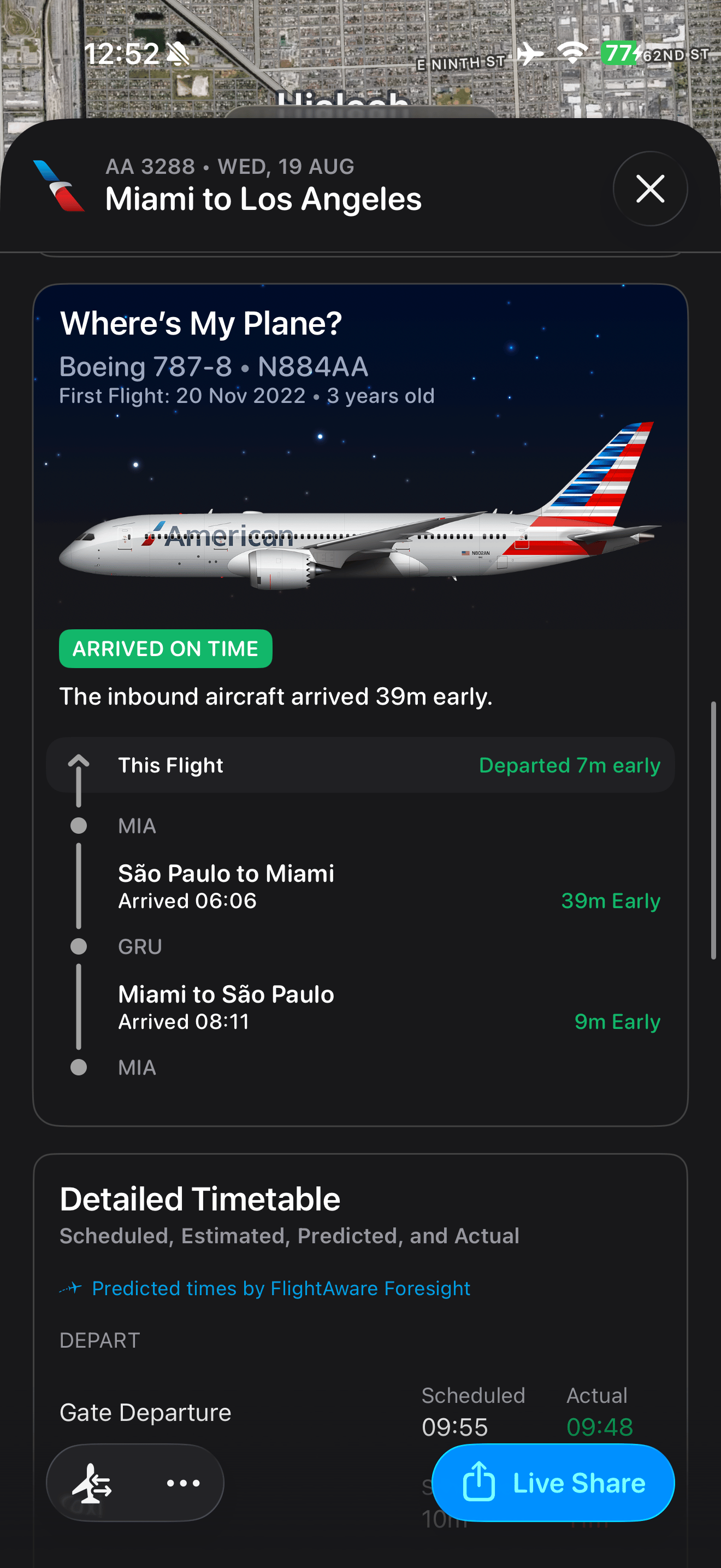 American Airlines app showing Boeing 787-8 N884AA and its first flight date of November 20, 2022.