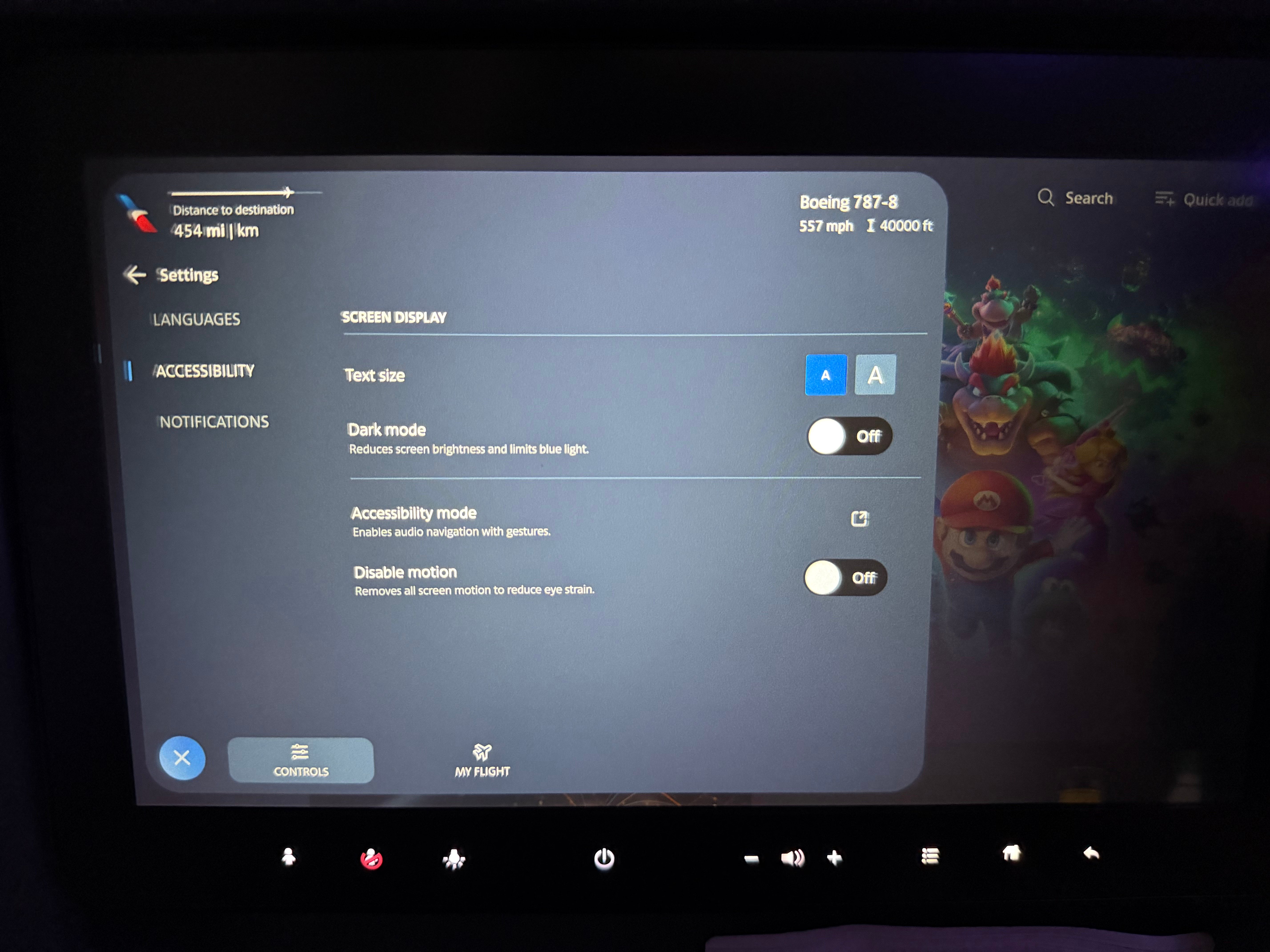 Font size and display settings on the American Airlines entertainment system.