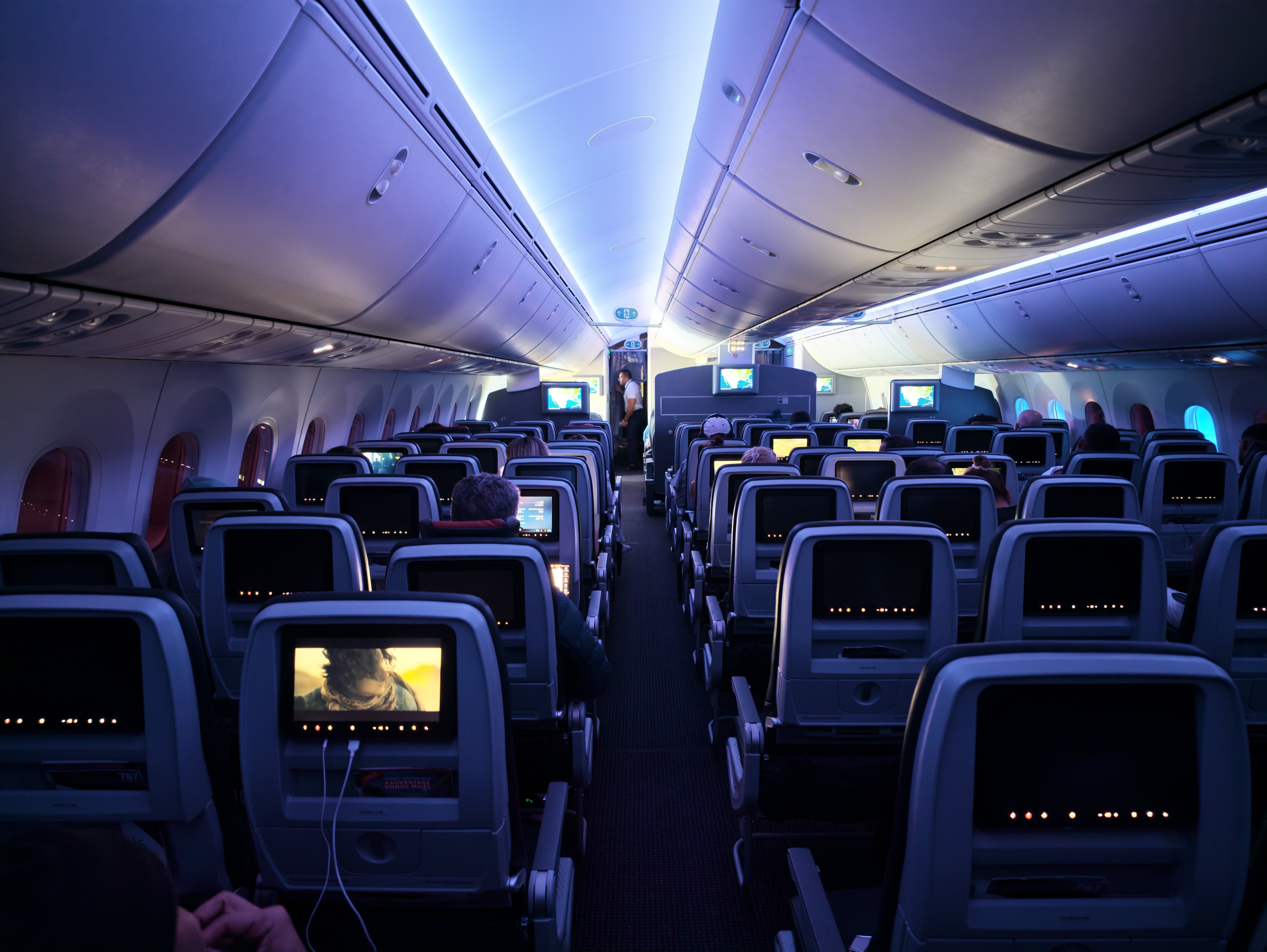 Wide view of the lightly occupied Economy cabin on the American 787-8.
