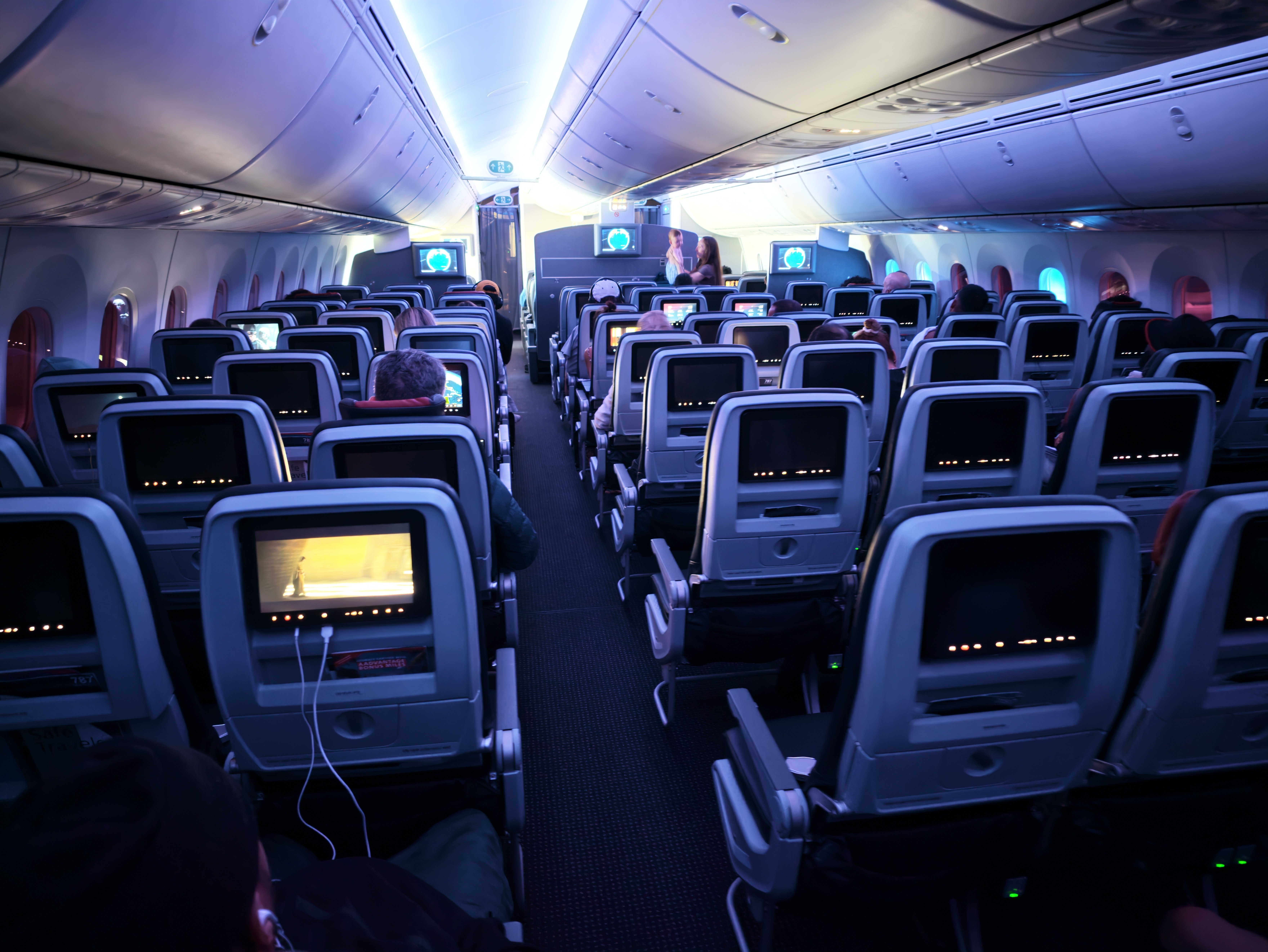 Rear view of the American Airlines Boeing 787-8 Economy cabin.