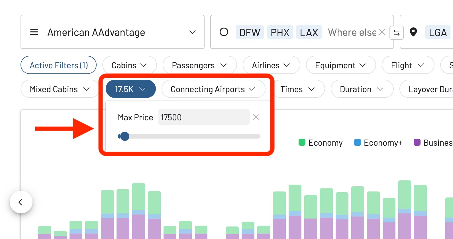 Use the Max Price filter in AwardFares to find the cheapest AAdvantage sale fares.