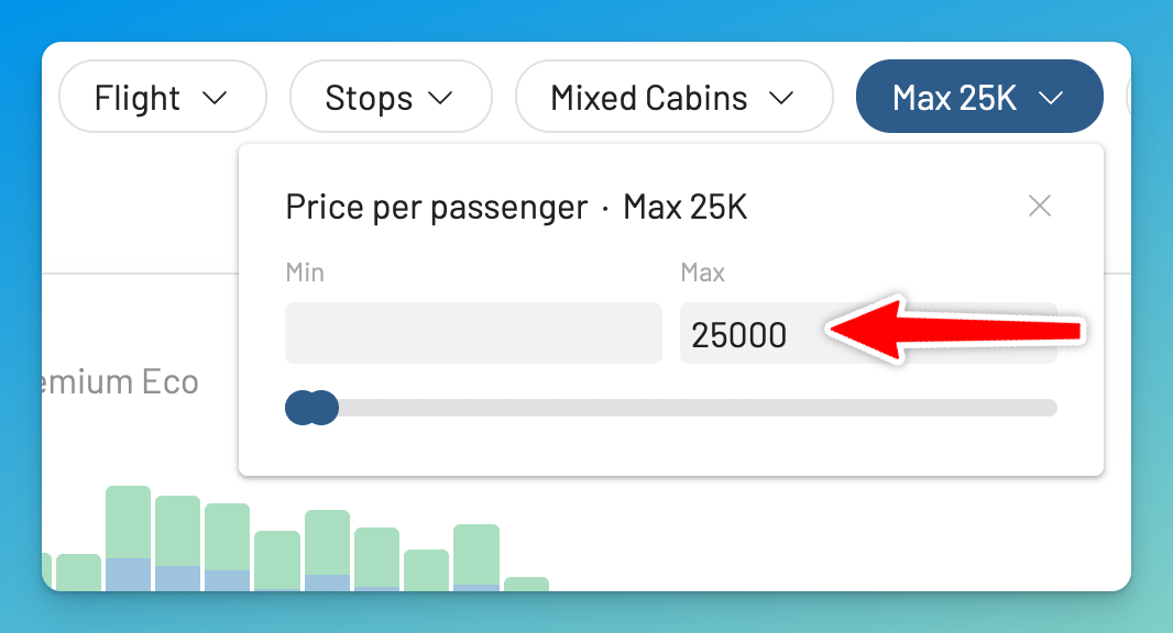Using the Max Price filter in AwardFares to isolate the cheapest AAdvantage sale fares.