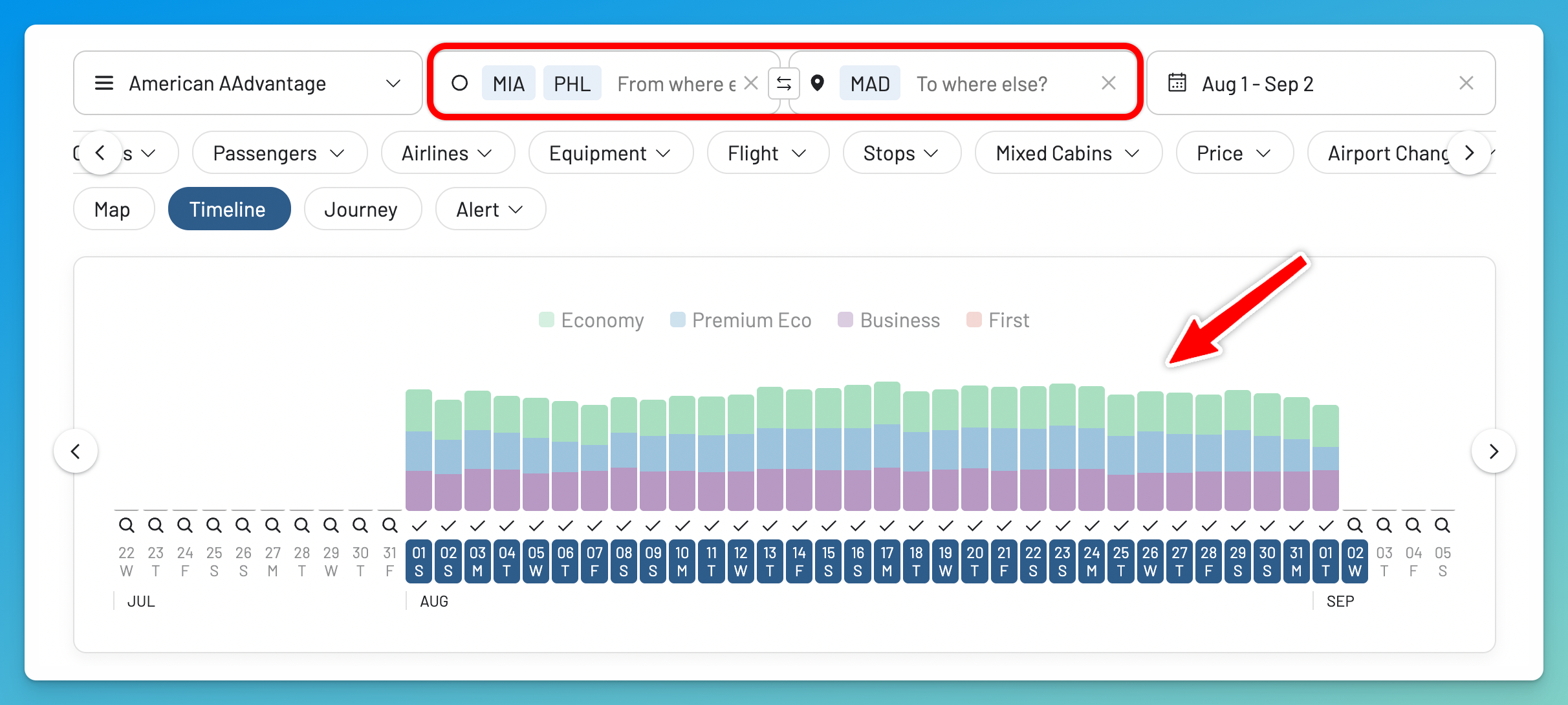 The Timeline view in AwardFares showing a full month of American Airlines AAdvantage award prices.