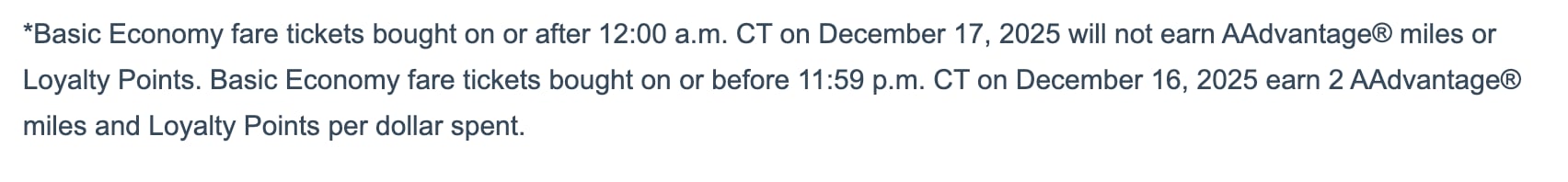 AAdvantage cuts miles and loyalty points earning on Basic Economy fares (effective Dec 17, 2025)