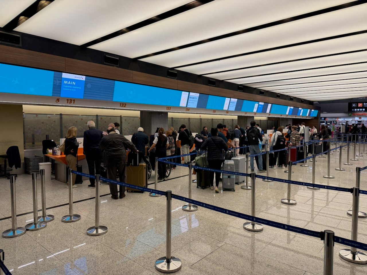 American Airlines priority check-in counters at Ezeiza for Flagship First passengers.