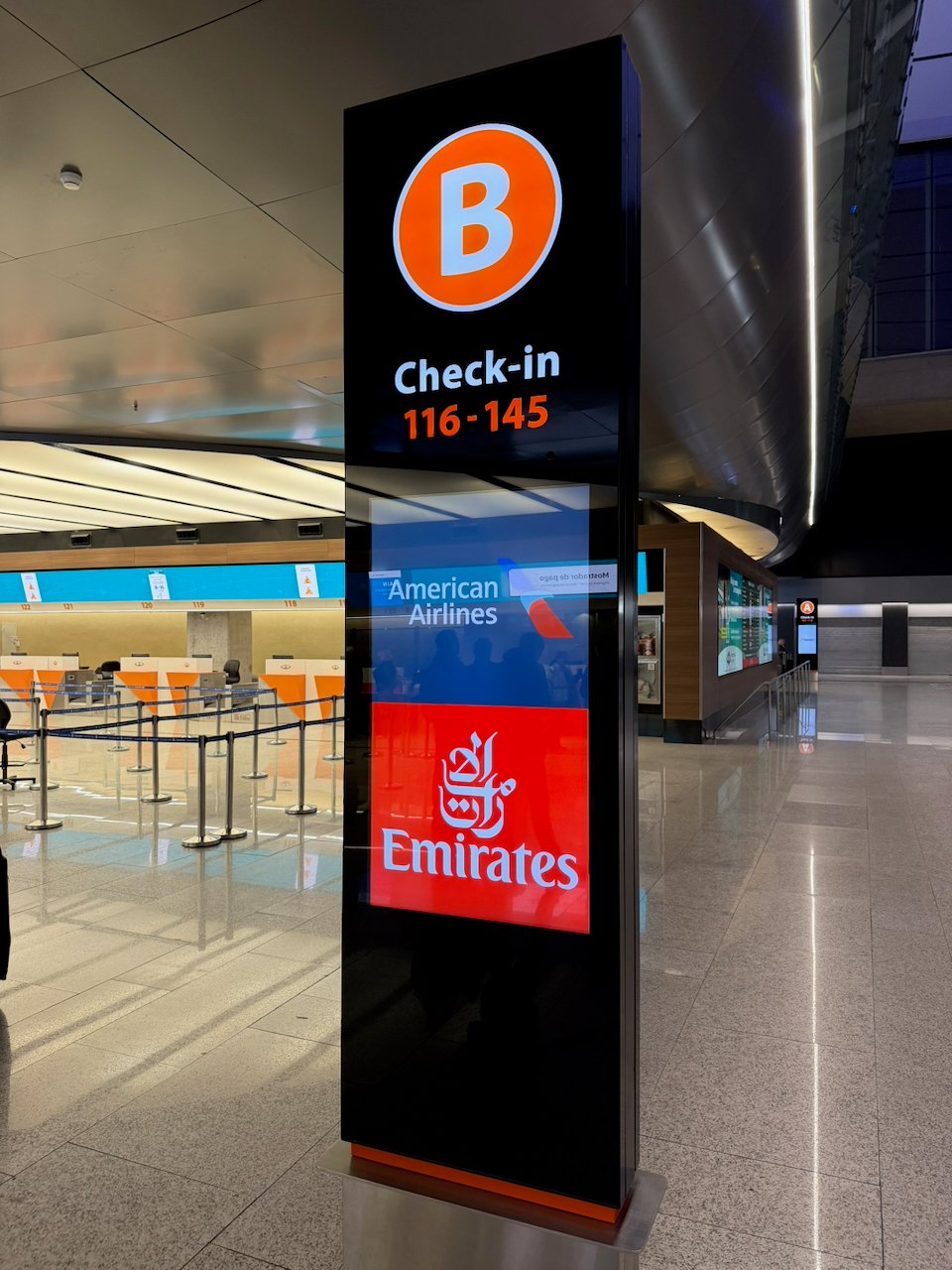 Check-in Zone B sign at Buenos Aires Ezeiza airport.