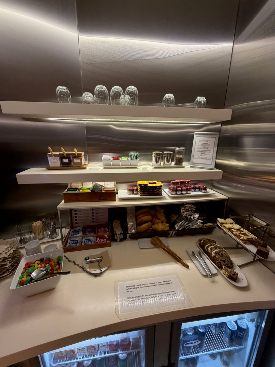 Buffet spread at the American Airlines Iberia lounge in Buenos Aires.