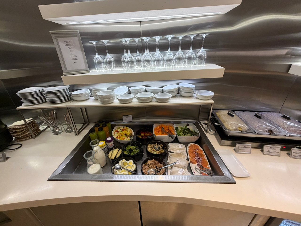 Wide view of the cold buffet at the AA Iberia lounge in Buenos Aires.