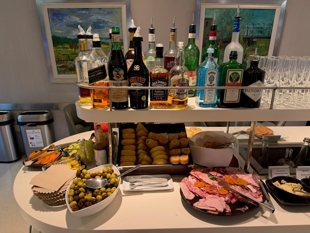 Snacks and liquor selection at the AA Iberia lounge at Ezeiza.