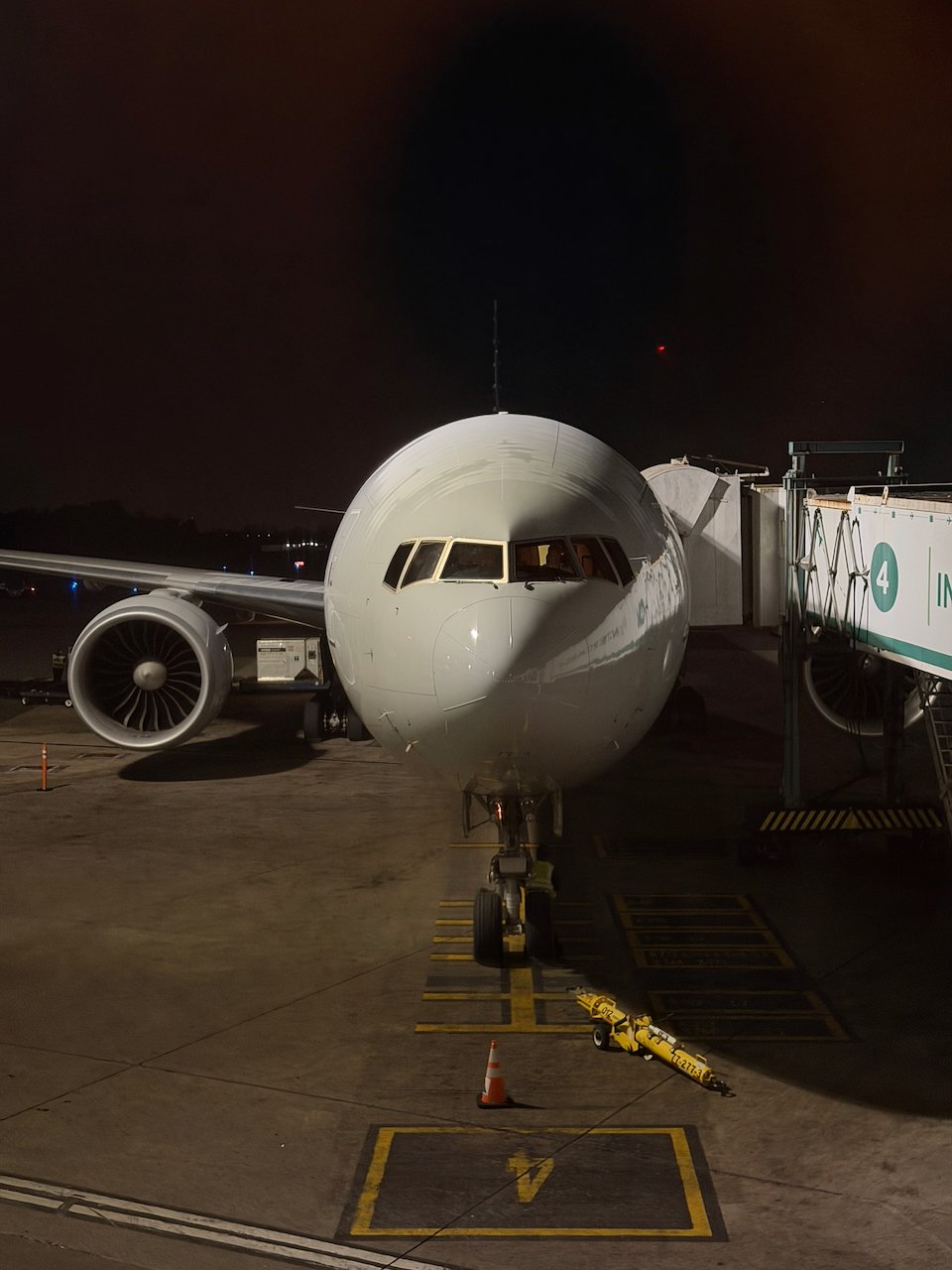 American Airlines Boeing 777-300ER nose at the gate in Buenos Aires Ezeiza.