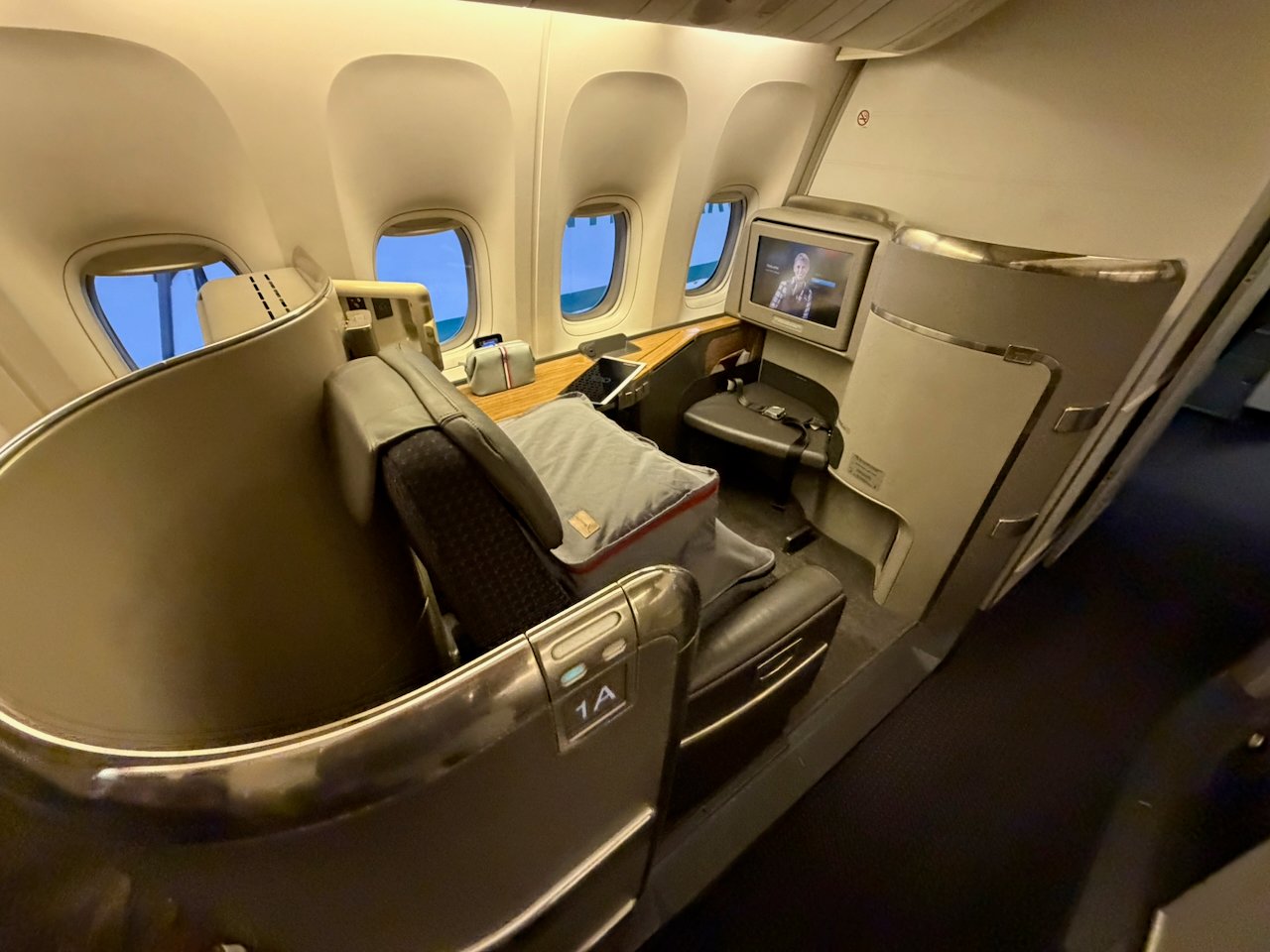 American Airlines Flagship First seat 1A on the 777-300ER, wide view.