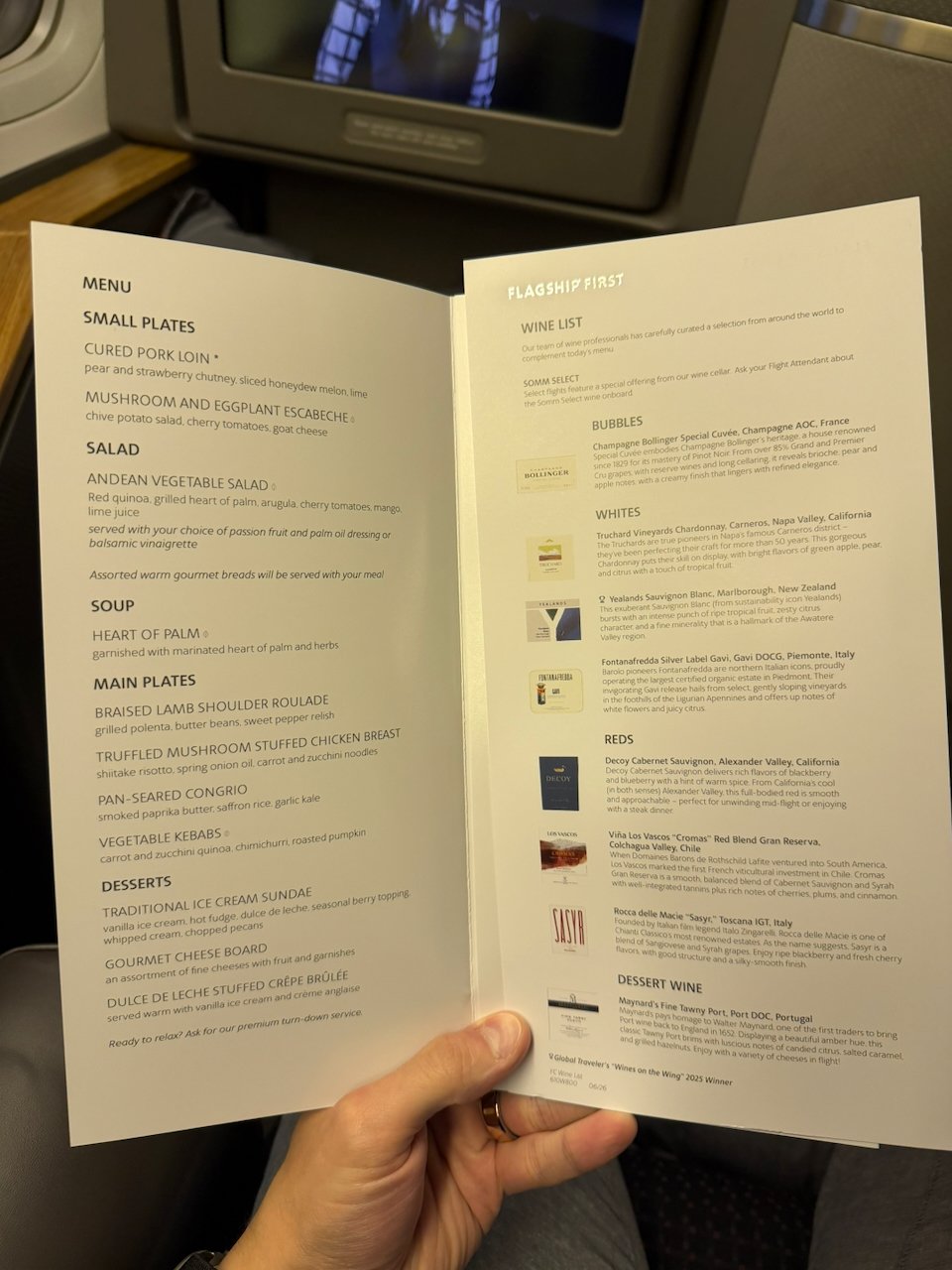 Open Flagship First centennial menu showing the dinner options.