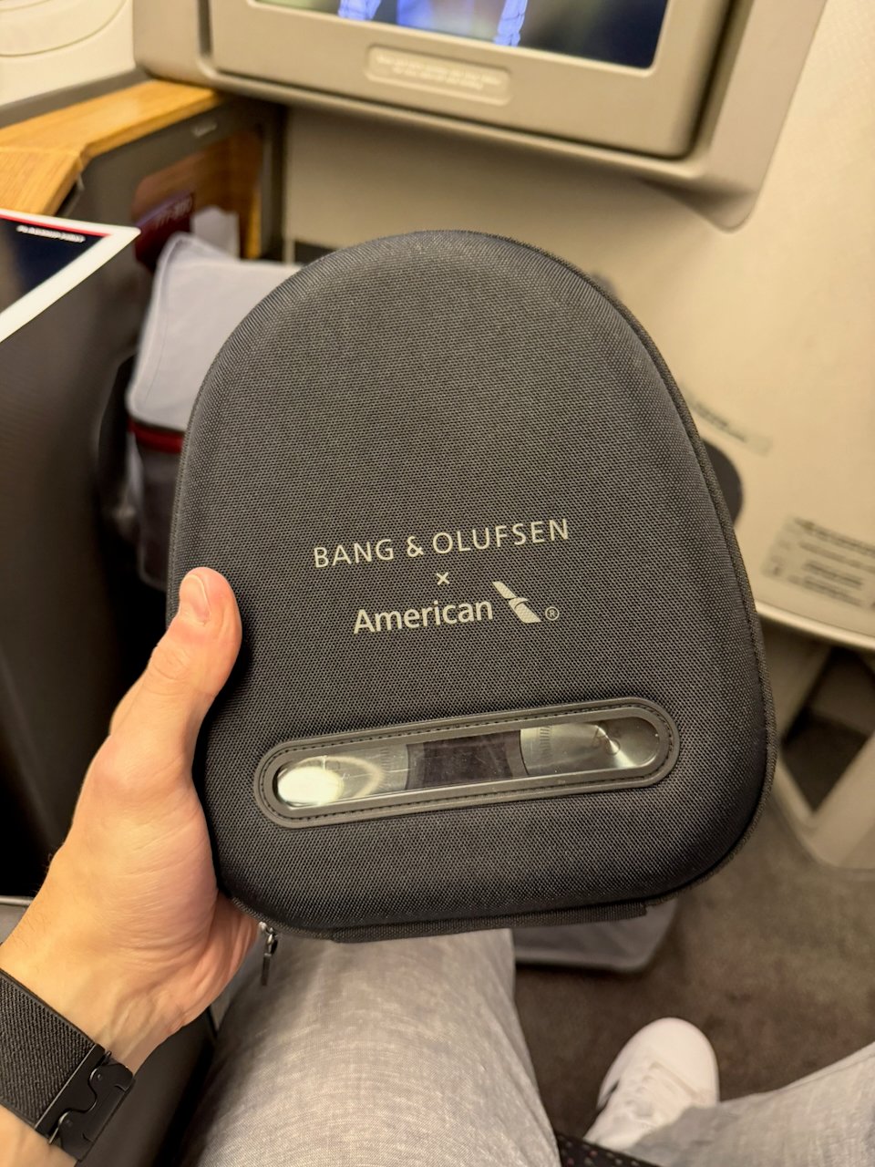 Bang and Olufsen headphones case in American Airlines Flagship First.