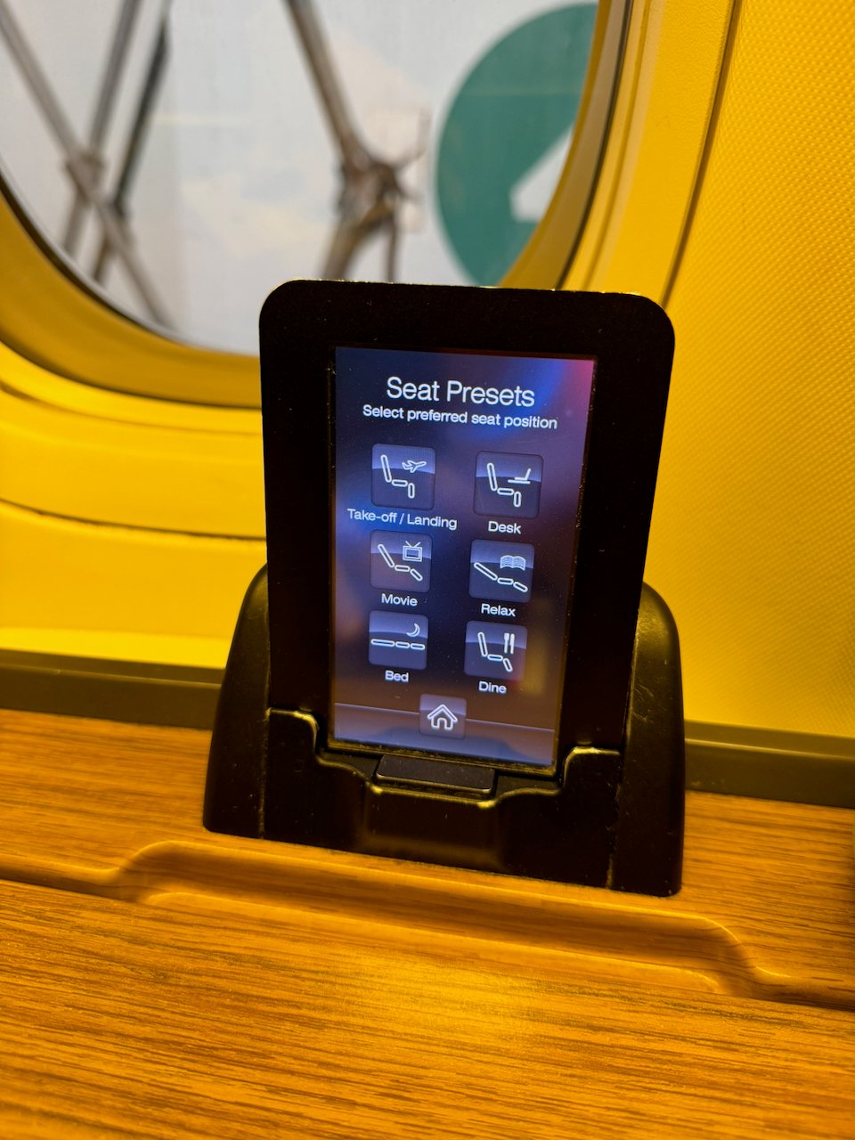 Seat preset control screen in American Airlines Flagship First.
