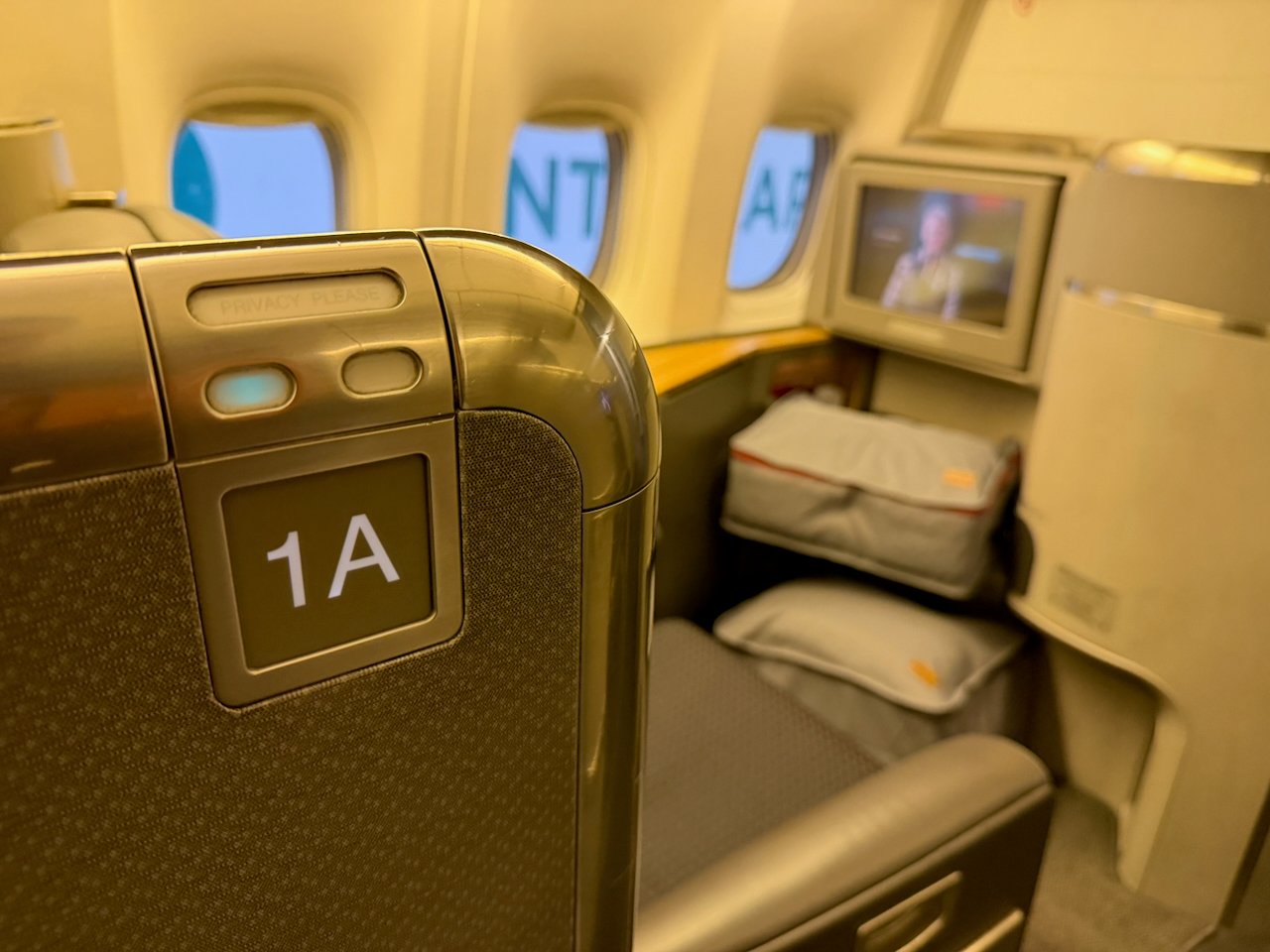View of the Flagship First cabin from seat 1A on the American 777.
