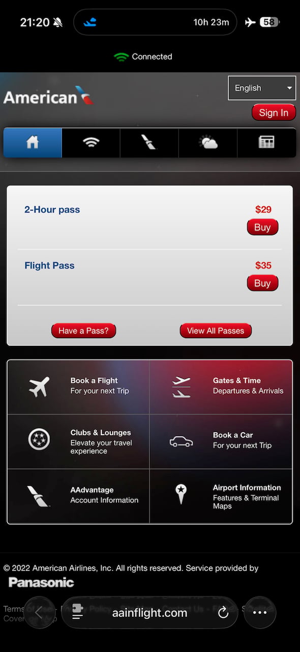 American Airlines WiFi portal showing paid passes on aainflight.com.