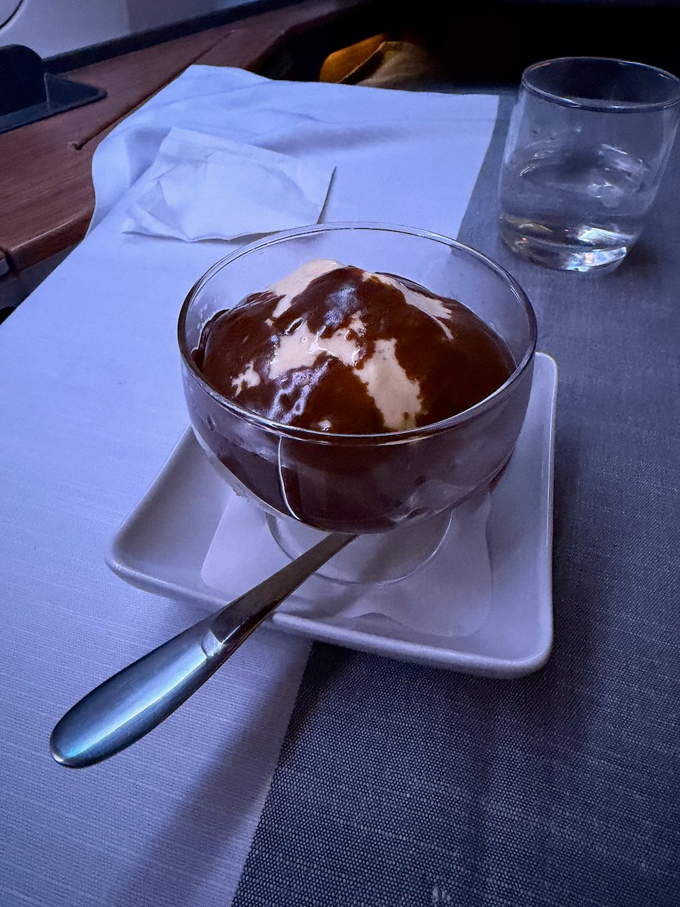 Traditional ice cream sundae with hot fudge in American Flagship First.