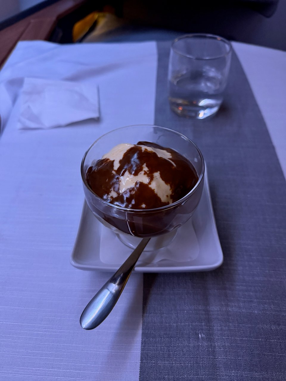 Close-up of the ice cream sundae dessert in Flagship First.